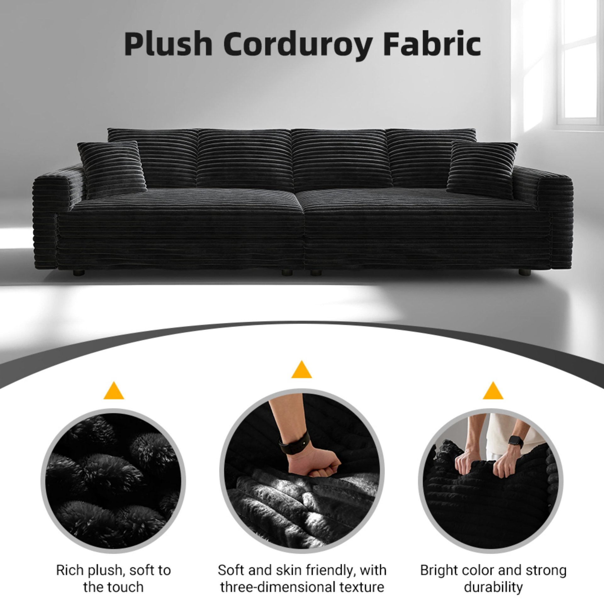 3 Seat Sofa, Convertible Deep Seat Sofa Lounge Chair For Living Room - Black - Image 4