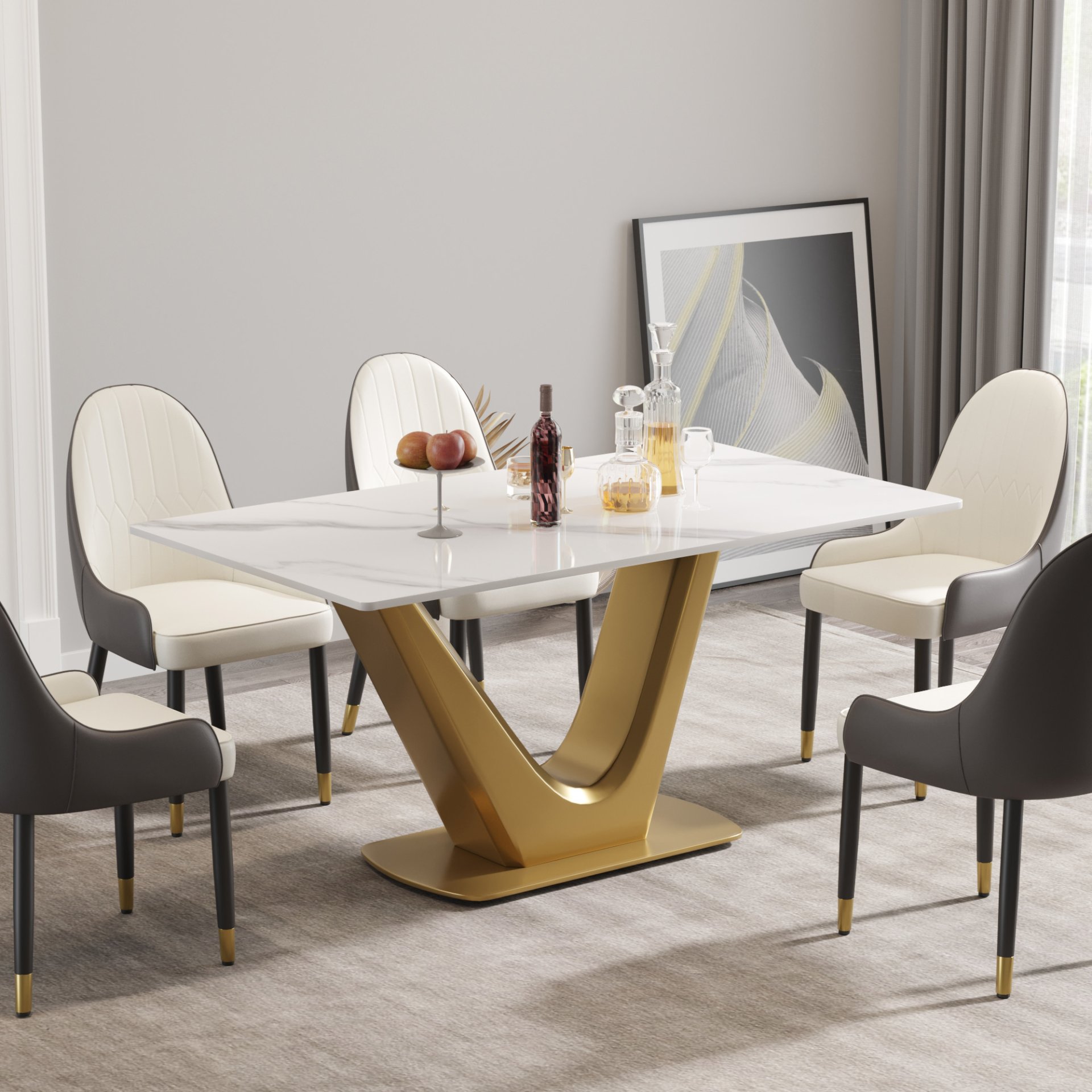 63" Modern Artificial Stone Panel V-Shaped Metal Legs, Can Accommodate 6-8 People - White / Gold - Image 2