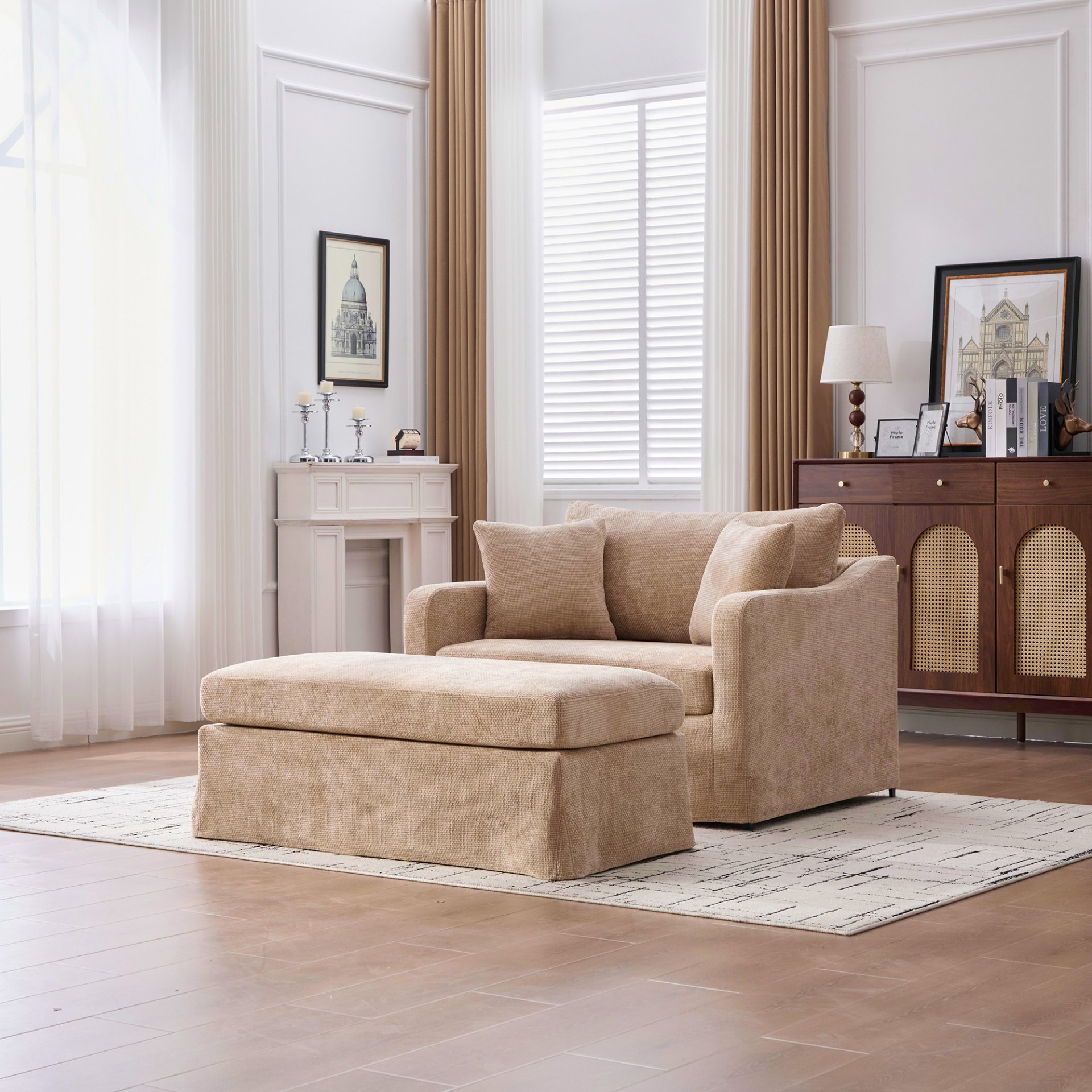 Upholstered Accent Chair With Ottoman, 2 Bolster Pillows - Wheat - Image 7