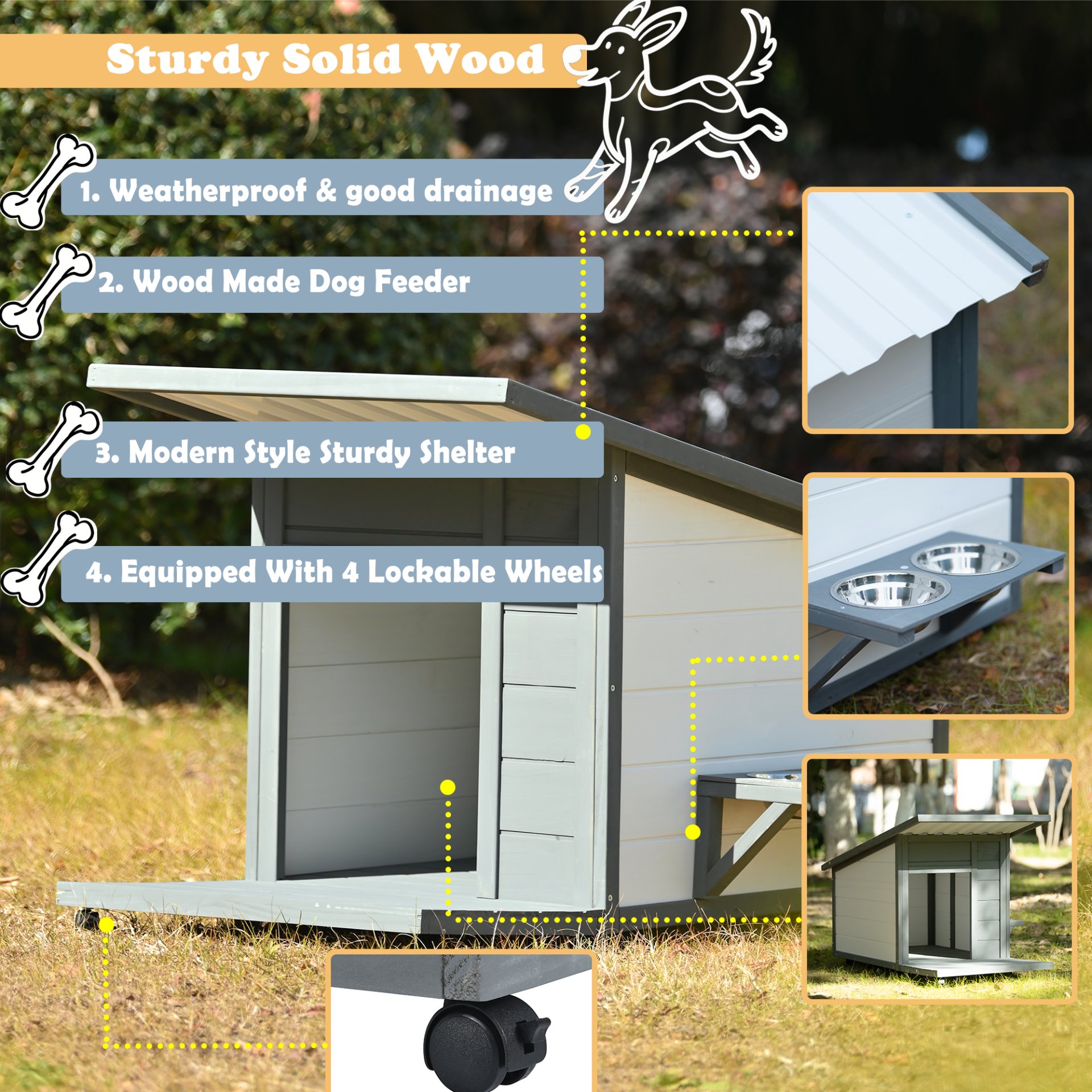 Modern Design Outdoor Dog House With Food Bowl And Wheels Pine - Gray / White - Image 4