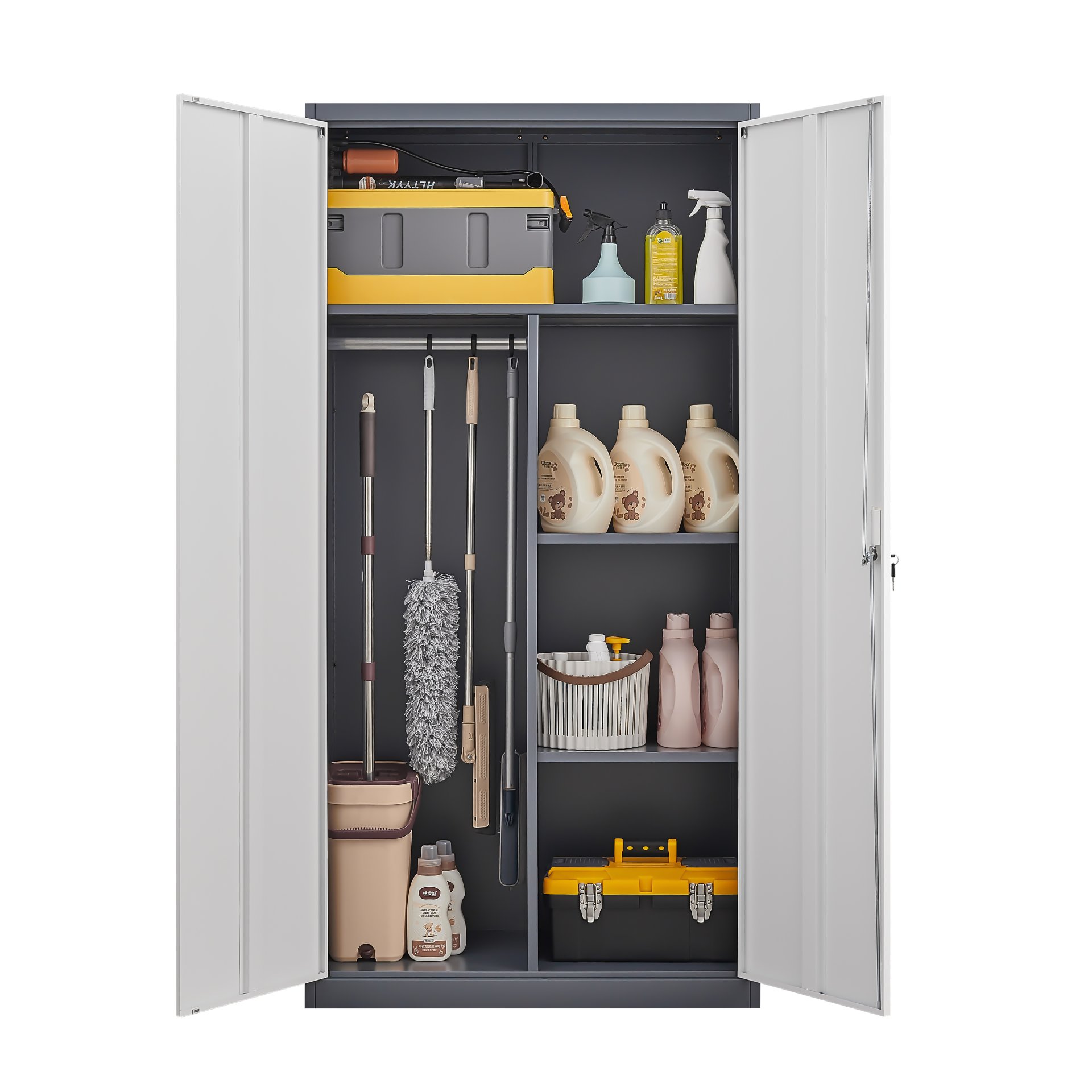 Large Capacity Wardrobe With Hanging Rod And Compartments - Grey - Image 7