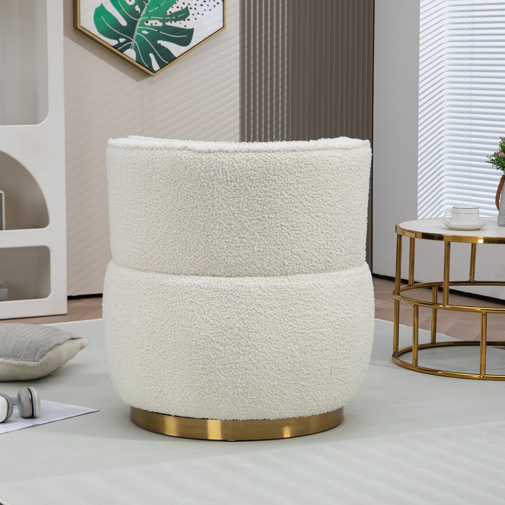 Coolmore - 360 Degree Swivel Cuddle Barrel Accent Sofa Chair, Round Armchair With Wide Upholstered Teddy Fabric - Cream - Image 9