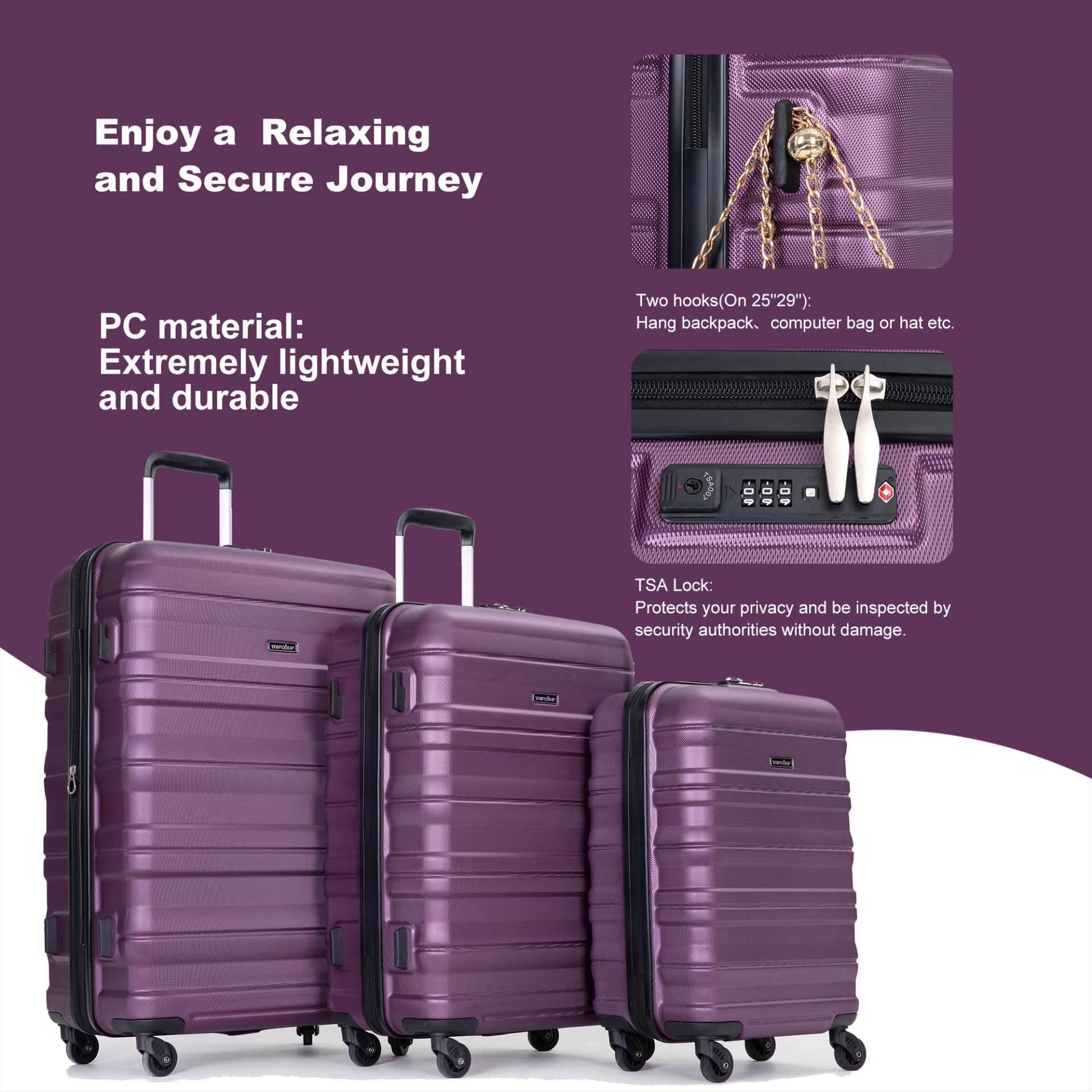 Expandable 3 Piece Luggage Sets Pc Lightweight & Durable Suitcase With Two Hooks, Spinner Wheels, Tsa Lock, (21/25/29) - Dark Purple - Image 7