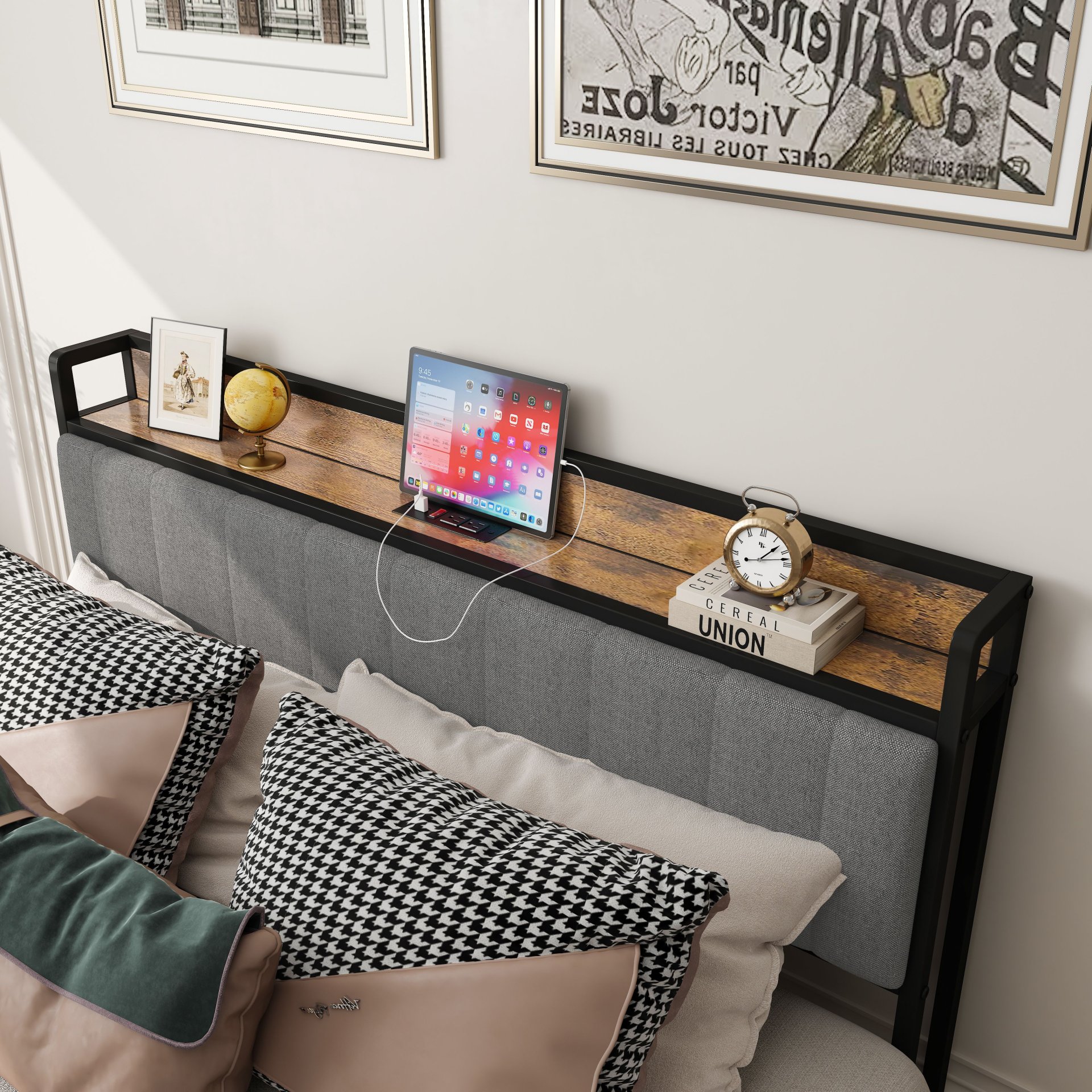 Queen Size Bed Frame With Charging Station, Upholstered Headboard, Metal Platform - Light Gray - Image 4