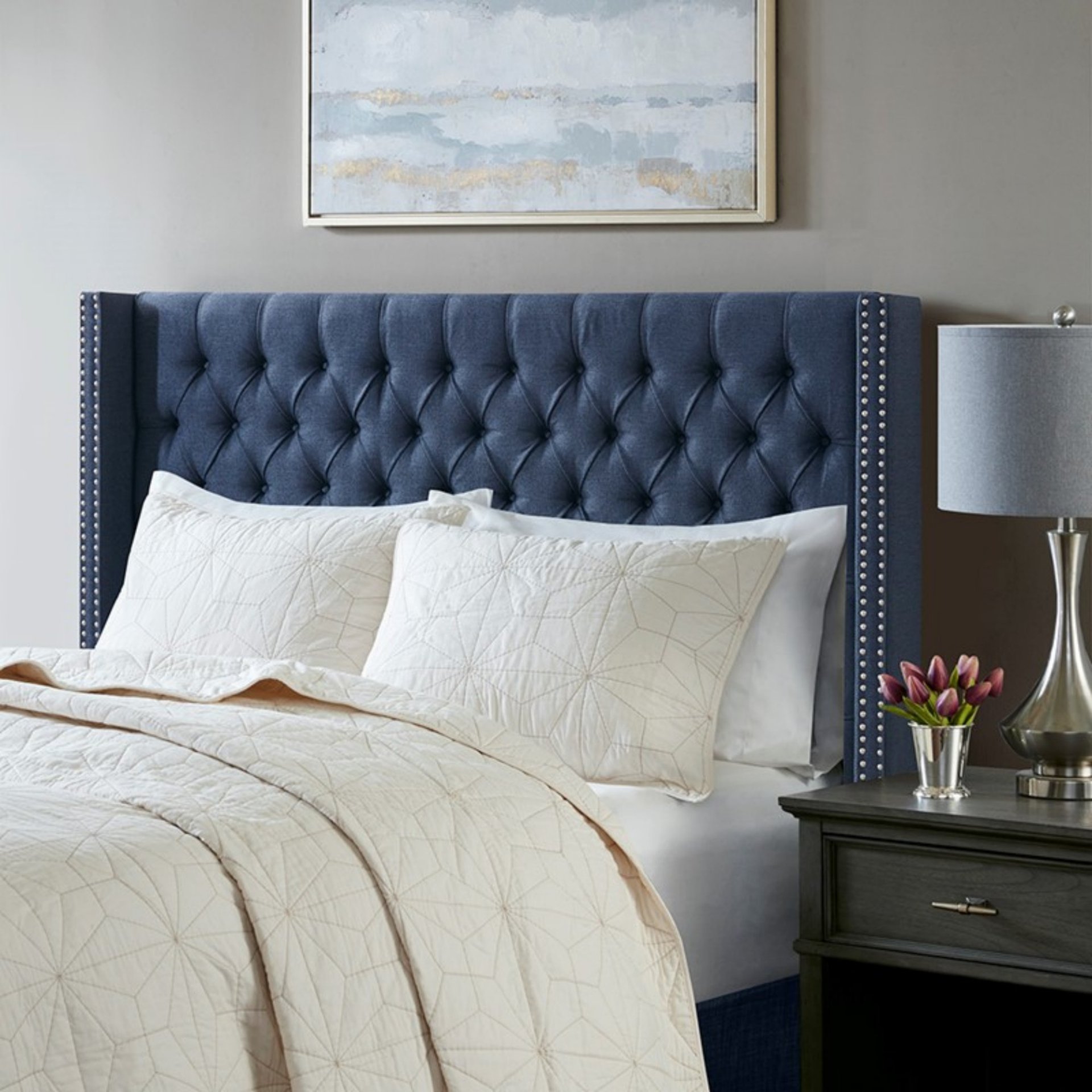 Upholstery Headboard Queen With Tufted Buttons And Nailhead Trim - Navy - Image 2