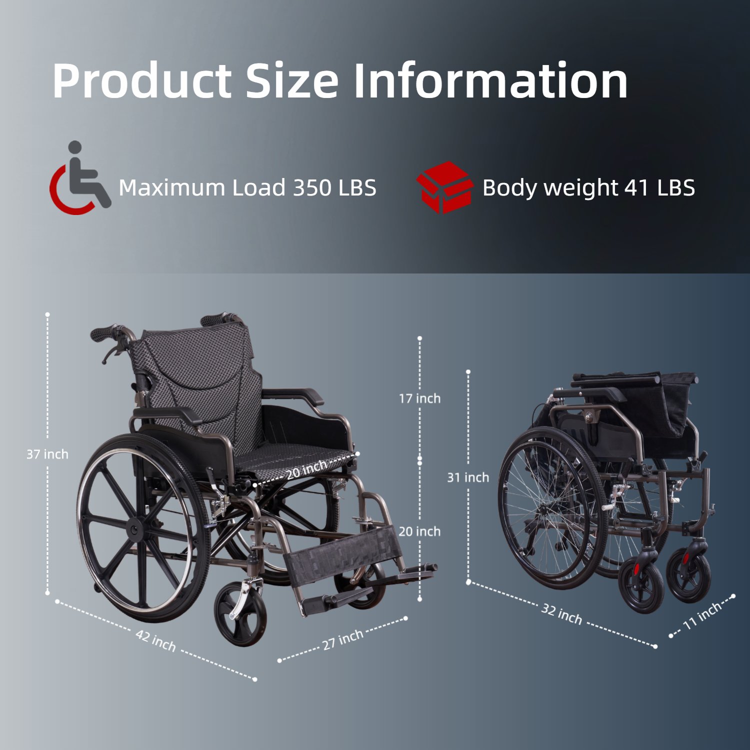 Heavy Duty Manual Wheelchair Double X Force Support 350Lbs Capacity All Terrain 24" Tires Foldable With Quick Release Wheels - Dark Gray - Image 12
