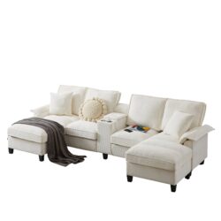 U Shaped Sectional Sofa Bed With Storage, 4 Seater, Features Cup Holders And Soft Foam Cushions - Beige