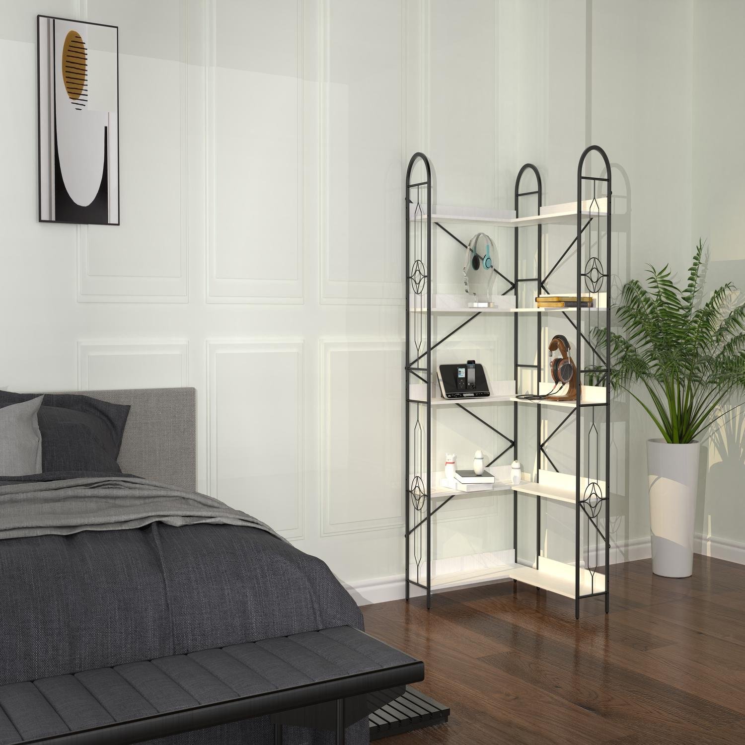 Industrial Style 5 Tier Corner Bookshelf With Thickened Iron Frame - Ivory White - Image 5