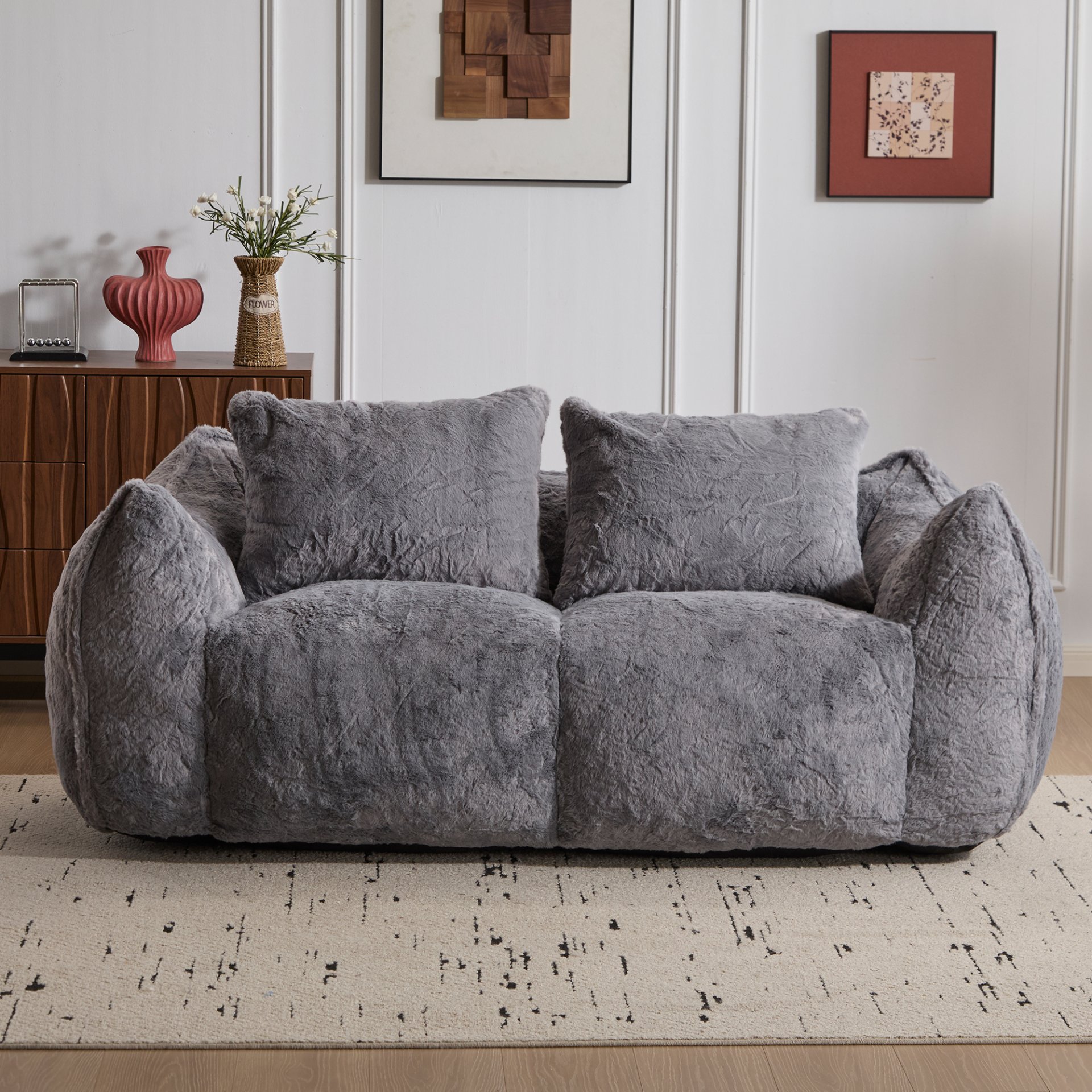 Giant Bean Bag Couch, Ultra Soft Fluffy Loveseat For Living Room Reading Chair With Pillows - Gray - Image 4