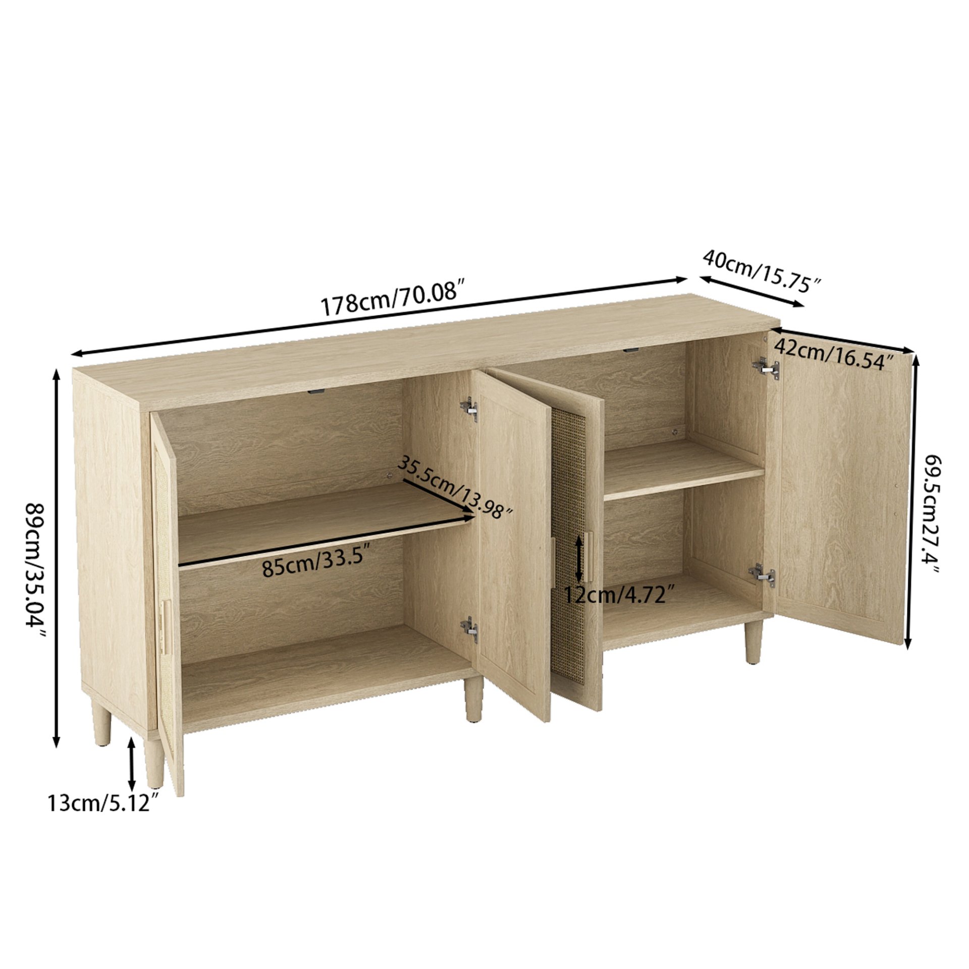 Rattan Buffet Cabinet With Storage, 4 Door Sideboard, Adjustable Shelves - Natural - Image 3