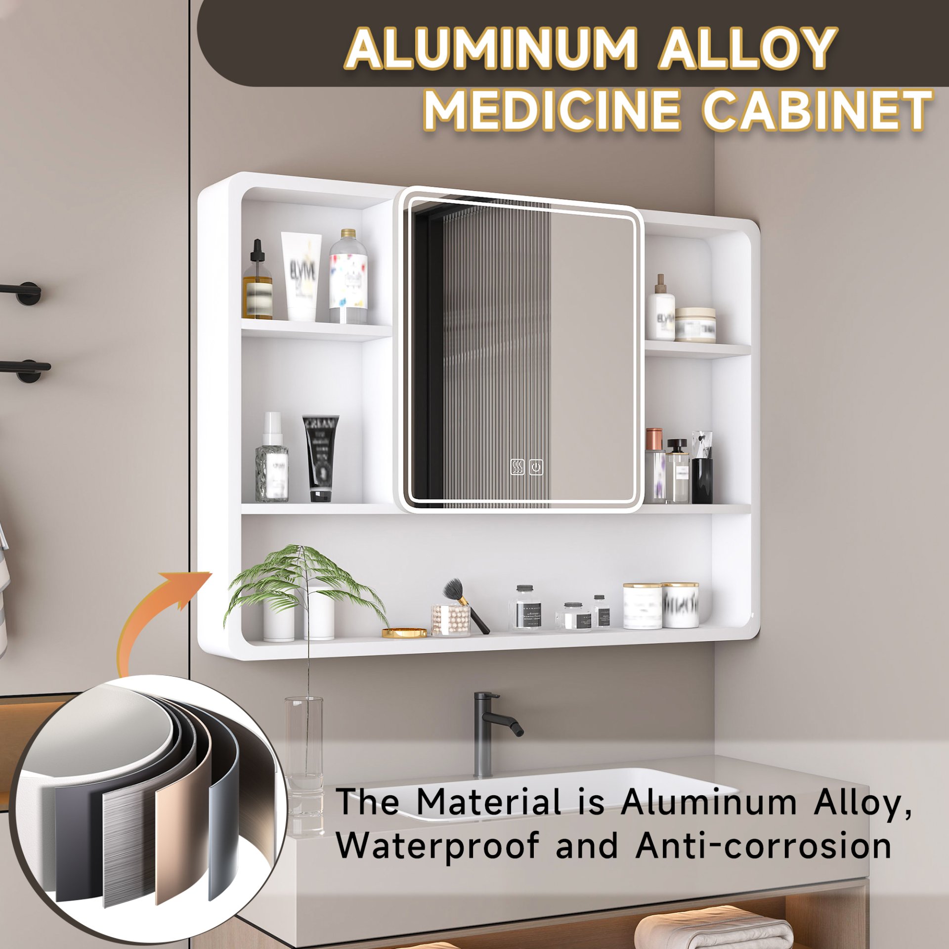 Aluminium Medicine Cabinet Mirror With 3 Colors LED Light And Defogging Function - White - Image 10