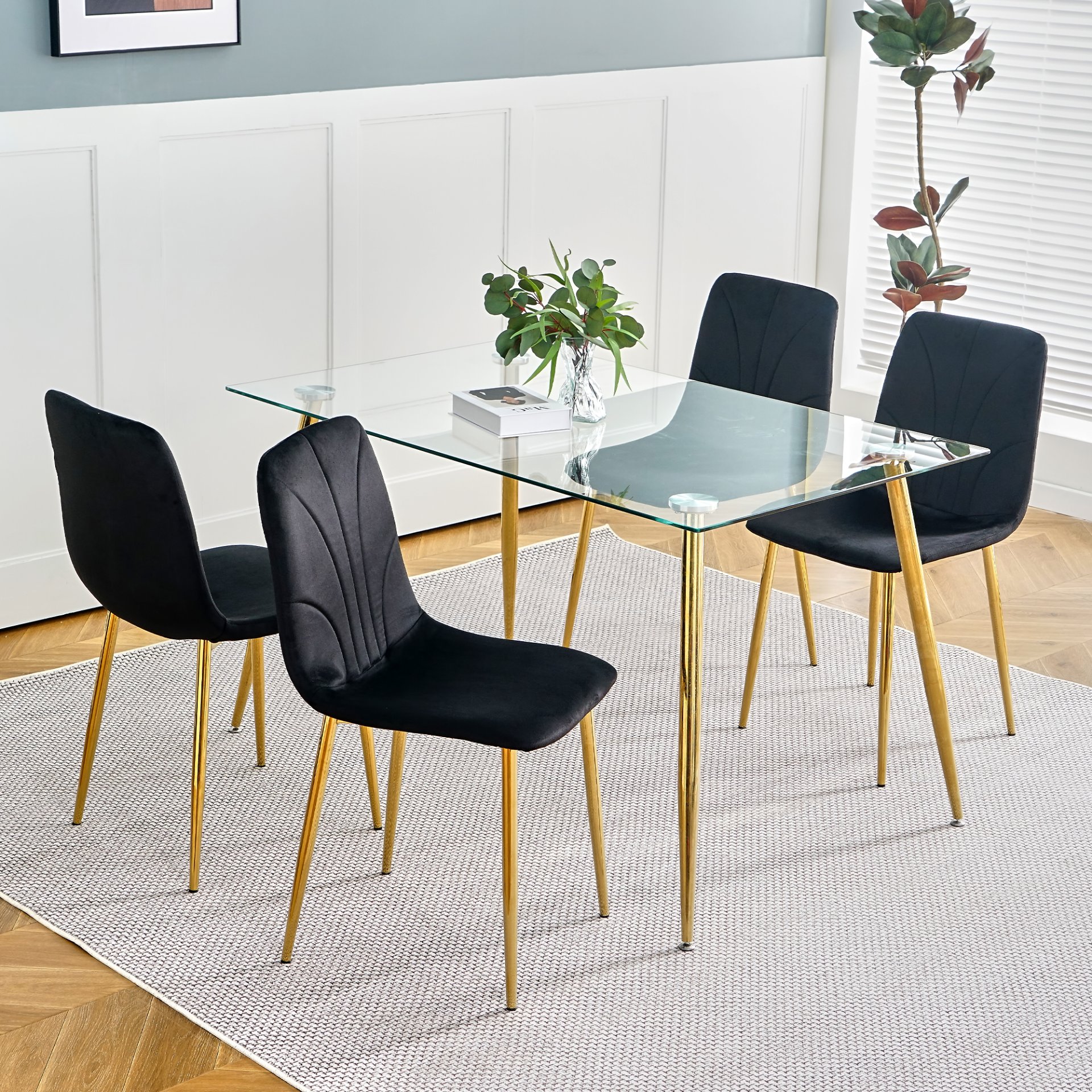 Modern Light Luxury Dining Chair With Gold Metal Legs (Set of 4) - Black - Image 4