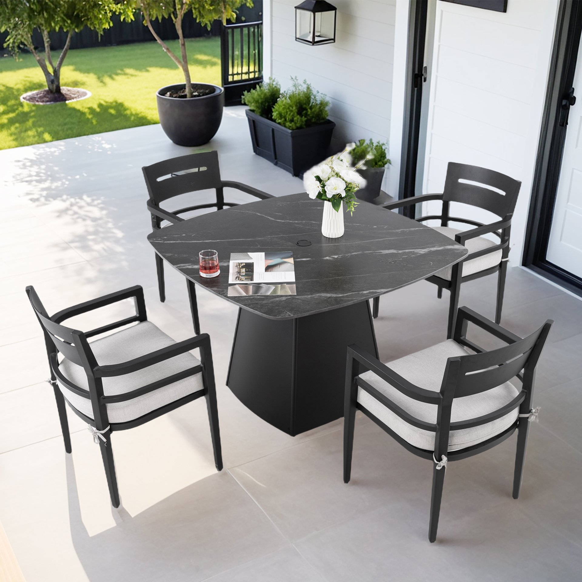 5 Piece Outdoor Pedestal Dining Set, Rounded Square Table With Flared Base And 4 Armchairs - Ember Black - Image 2