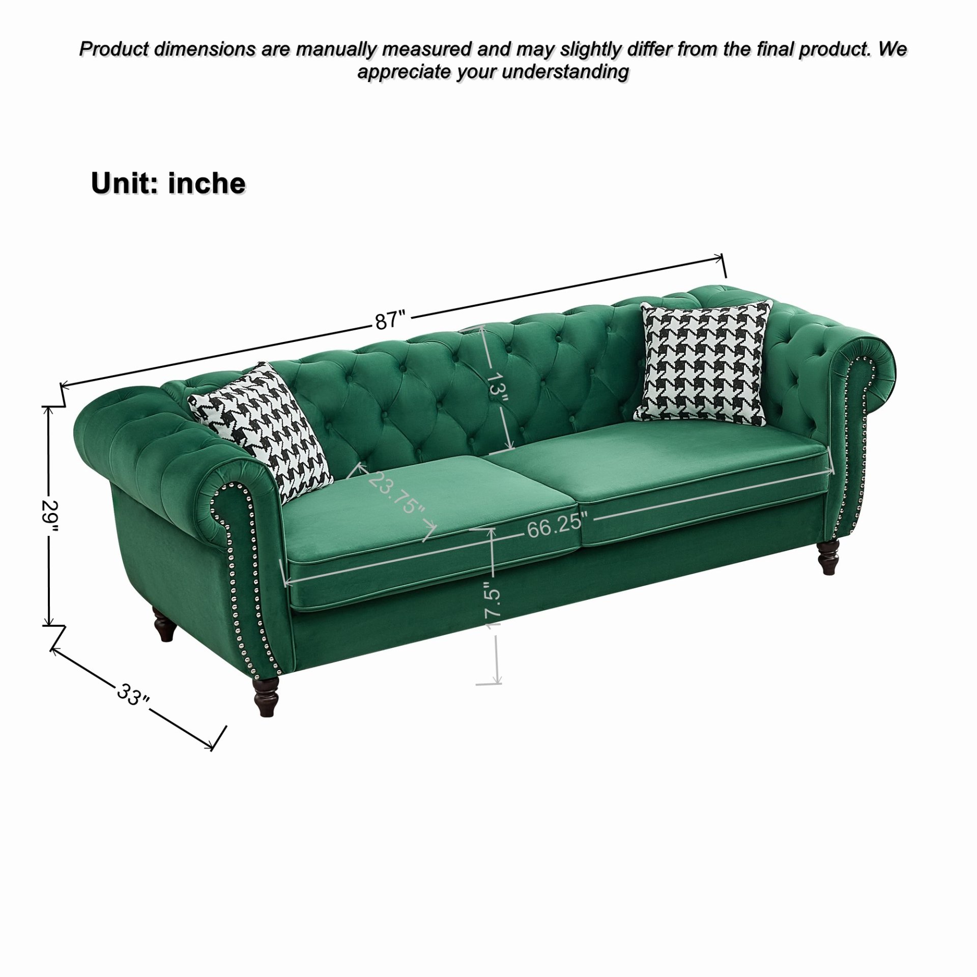 Chesterfield Sofa With Roll Armrest & Nailhead, 3 And 2 Seater - Green - Image 2