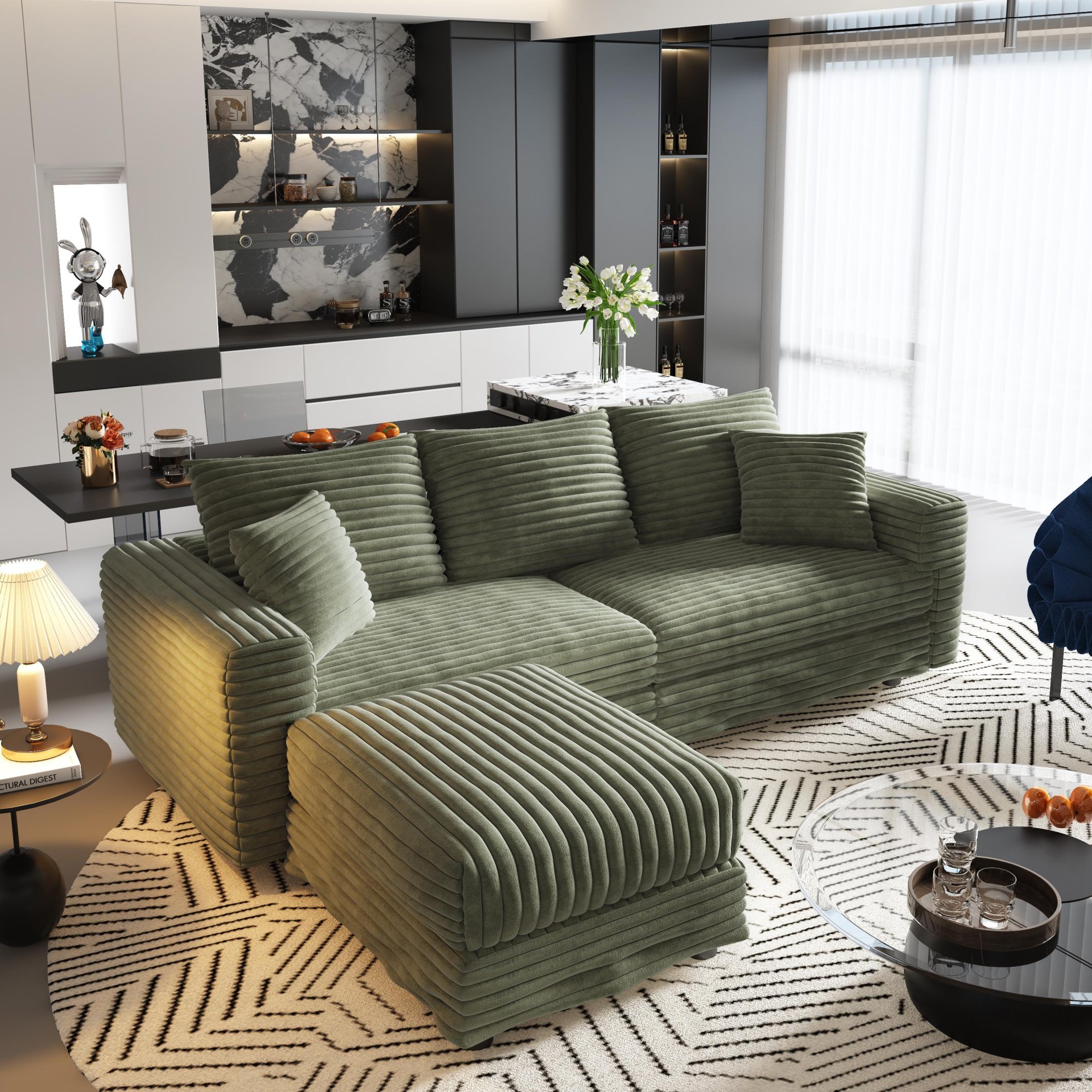 3 Seat Sofa, Deep Seat Couches With Soft Pillows And 1 Ottomans, Convertible Sofa Lounge Chair, For Living Room - Green - Image 9