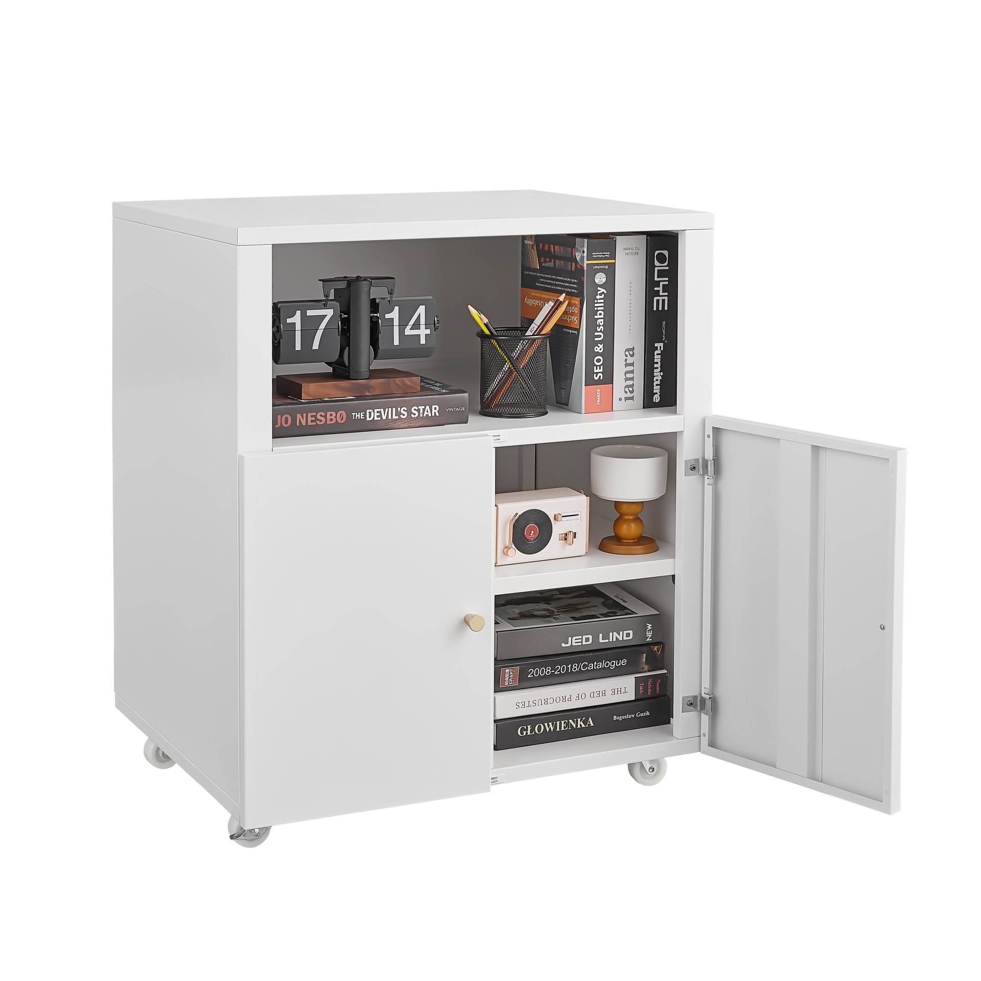 Mobile Printer Stand With Wheels And File Cabinet - White - Image 9