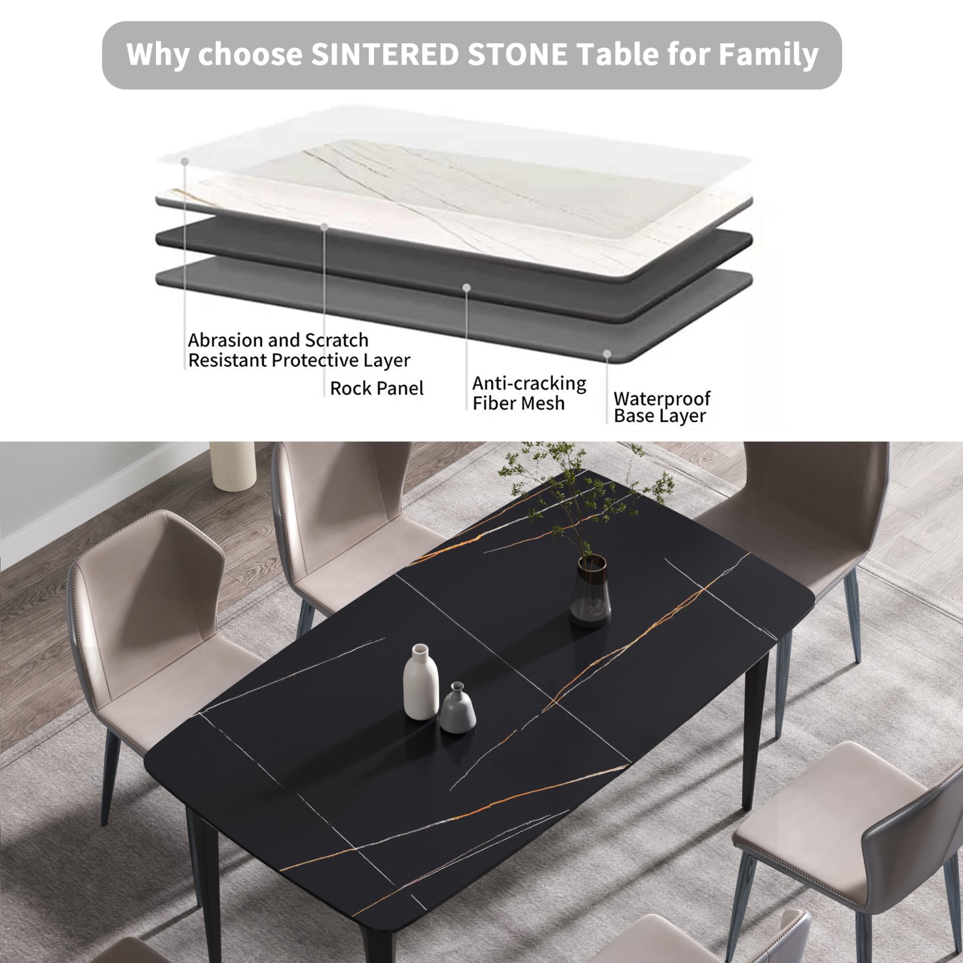 63" Artificial Stone Black Curved Black Metal Leg Dining Table, 6 People - Black - Image 10