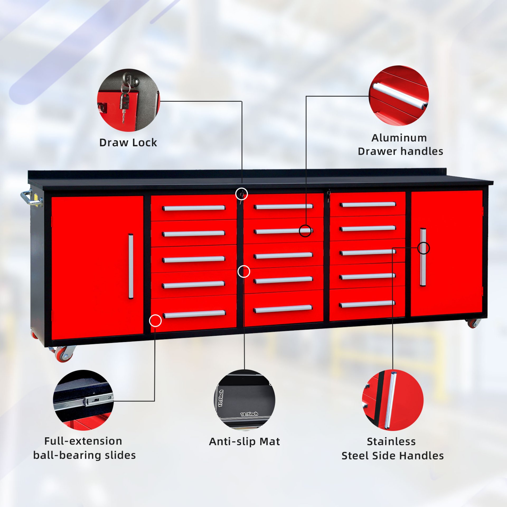 Storage Cabinet With Work Bench (15 Drawers & 2 Cabinets) - Red - Image 4