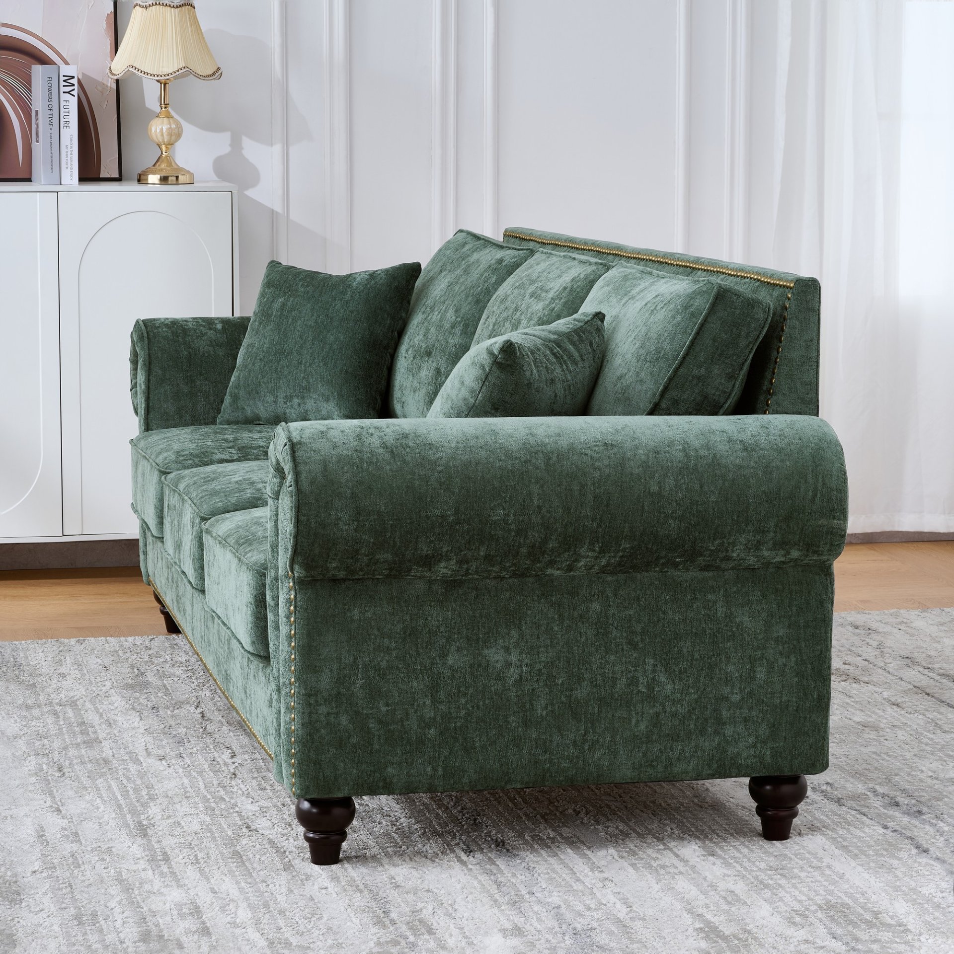 3 And 2 Seater Sofa With Rolled Arms - Green - Image 9