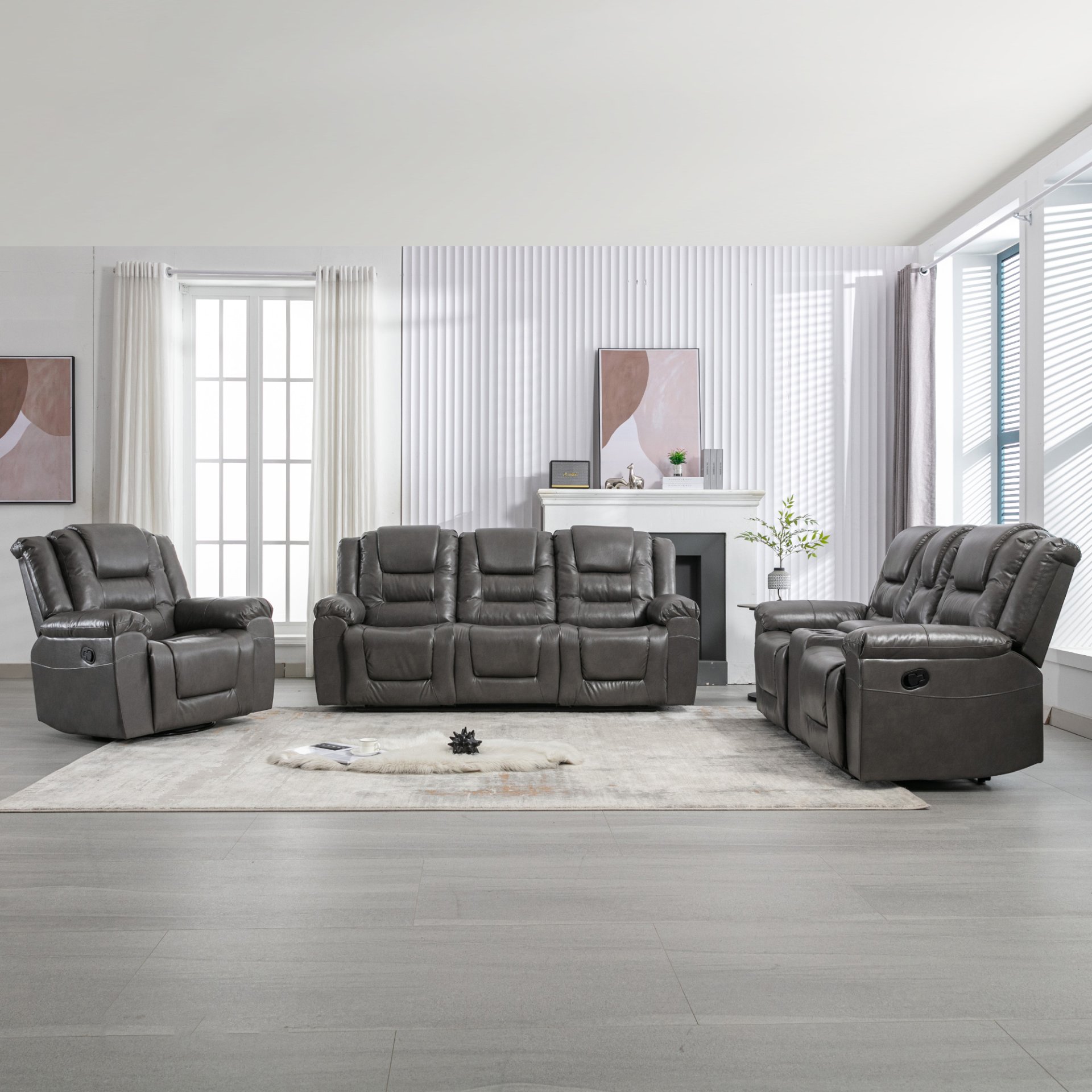 Home Theater Recliner Set Manual Recliner Chair With Wide Armrest, Two Built-In Cup Holders For Living Room - Gray - Image 12