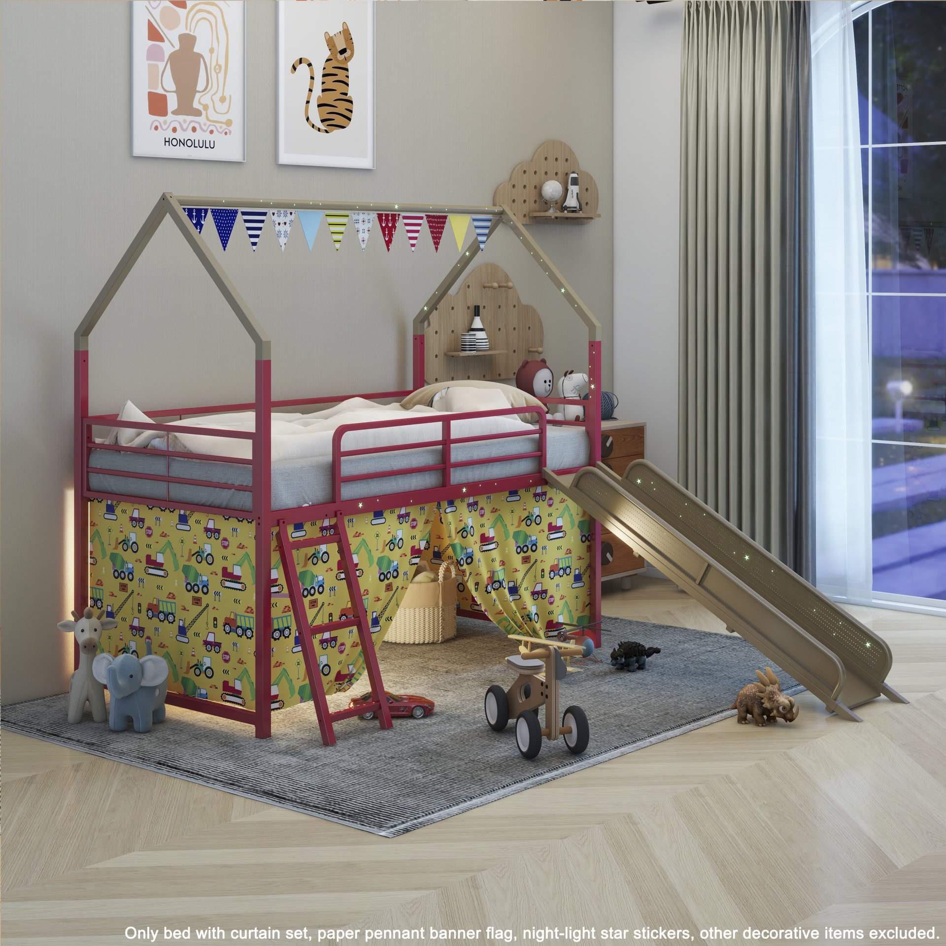 Jack - House Twin Loft Bed With Slide And Curtain Set, Superhero - Gold - Image 6
