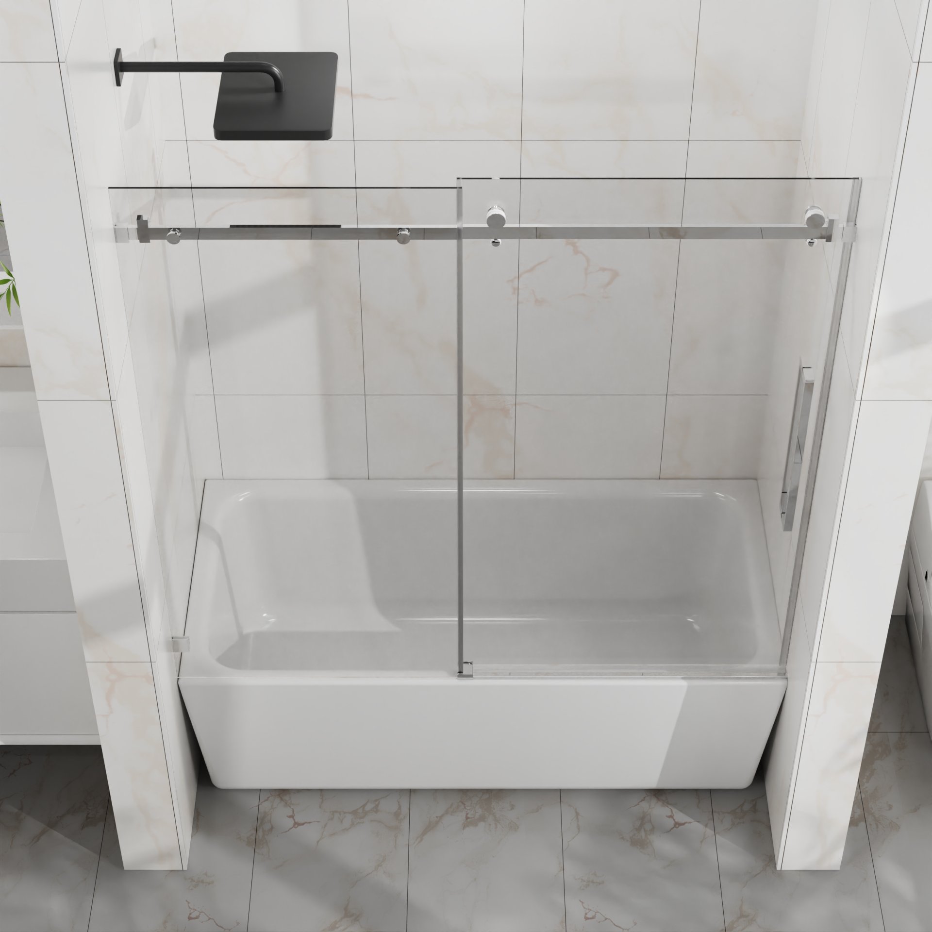 Frameless Bathtub Door, Sleek Silent Sliding Glass Door, Tempered Glass - Chrome - Image 9