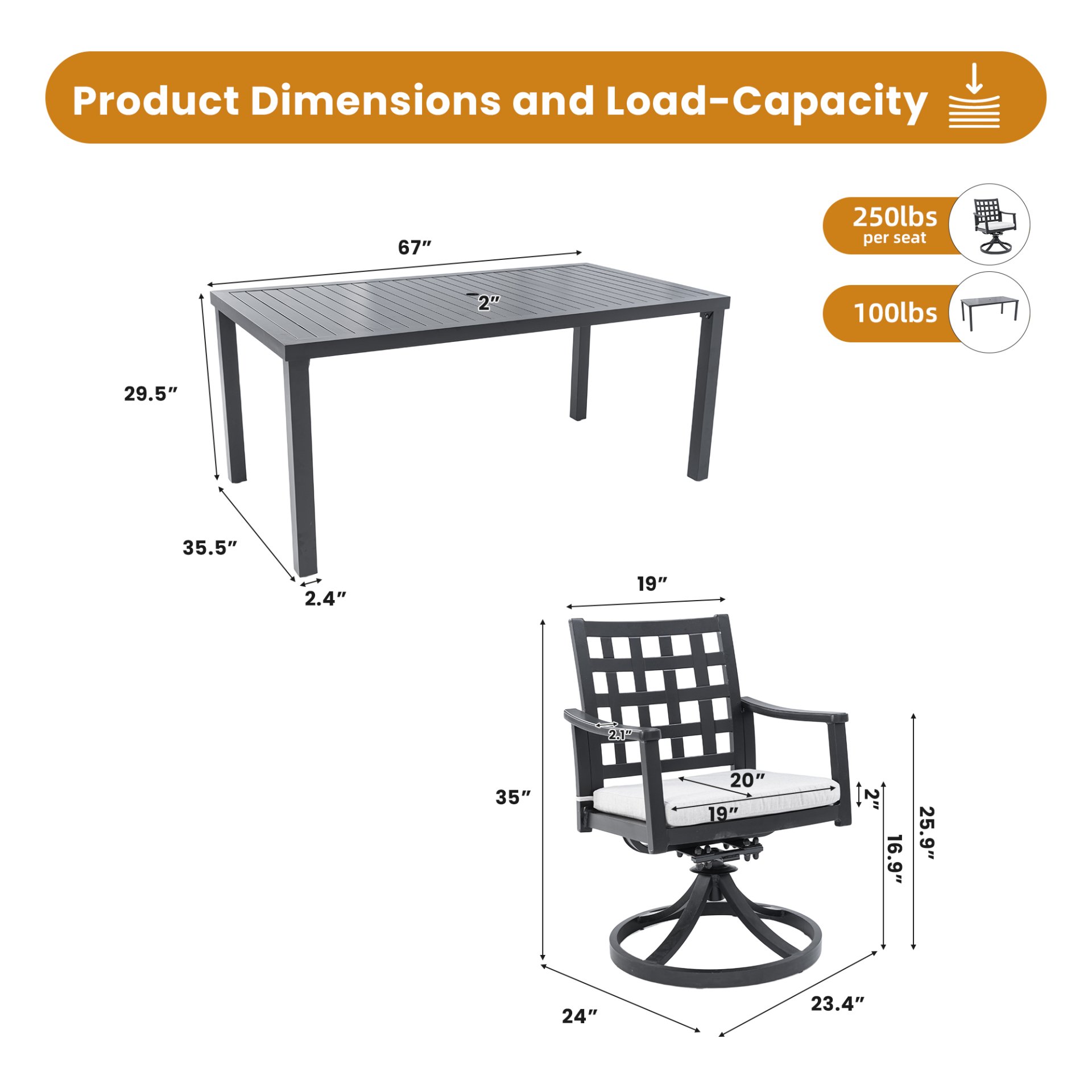 5 Pieces Outdoor Patio Dining Set, Rectangular Table & 4 Swivel Rock Dining Chairs With Sunbrella Cushion - Ember Black - Image 4