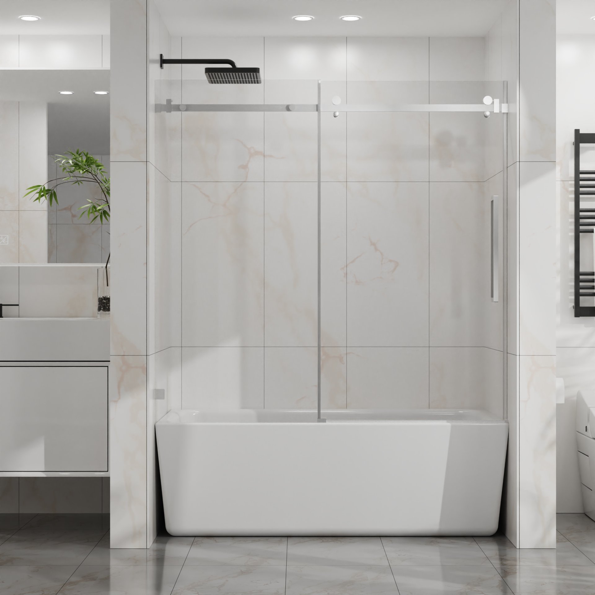 Frameless Bathtub Door, Sleek Silent Sliding Glass Door, Tempered Glass - Chrome - Image 11