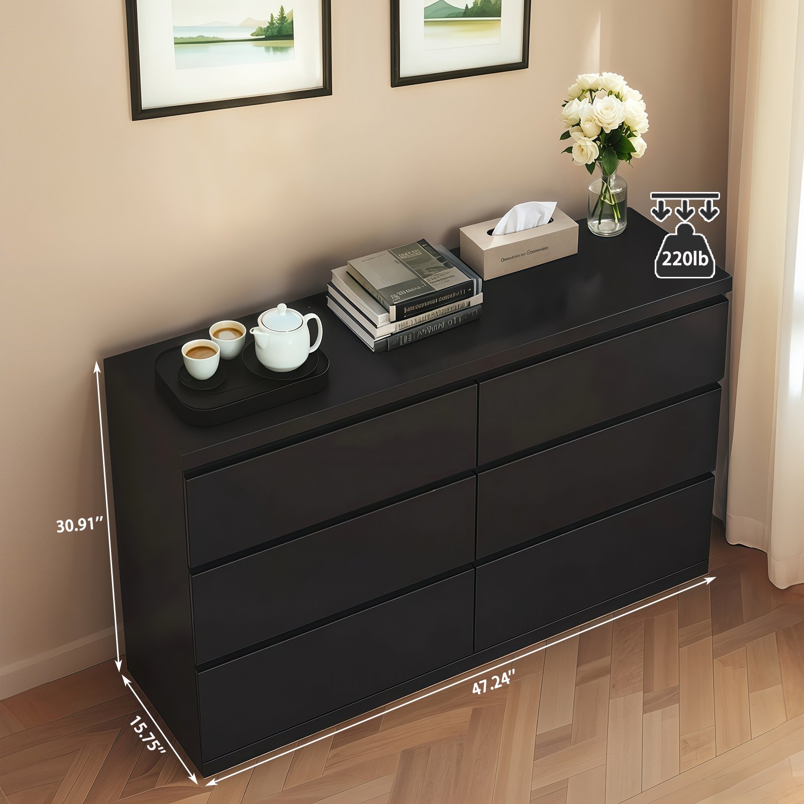 6 Drawer Dresser With Spacious Countertop And Concealed Handles, Storage Cabinet For Bedroom - Black - Image 9