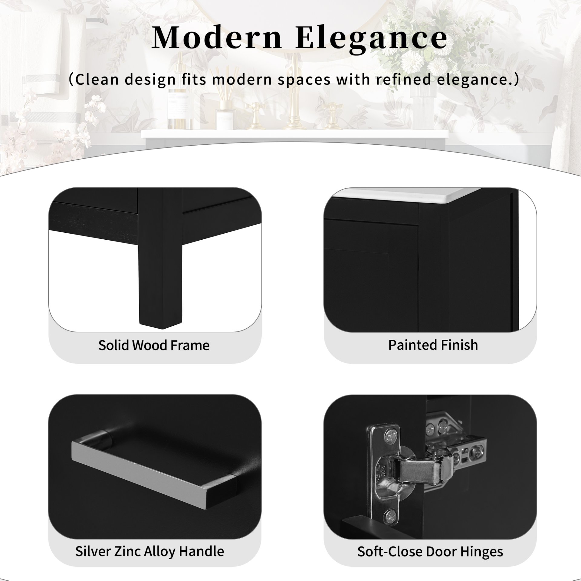 Bathroom Vanity With Integrated Undermount Sinks, Soft Close Doors, Divided Drawer, And Double Layer Door Shelf - Black - Image 8