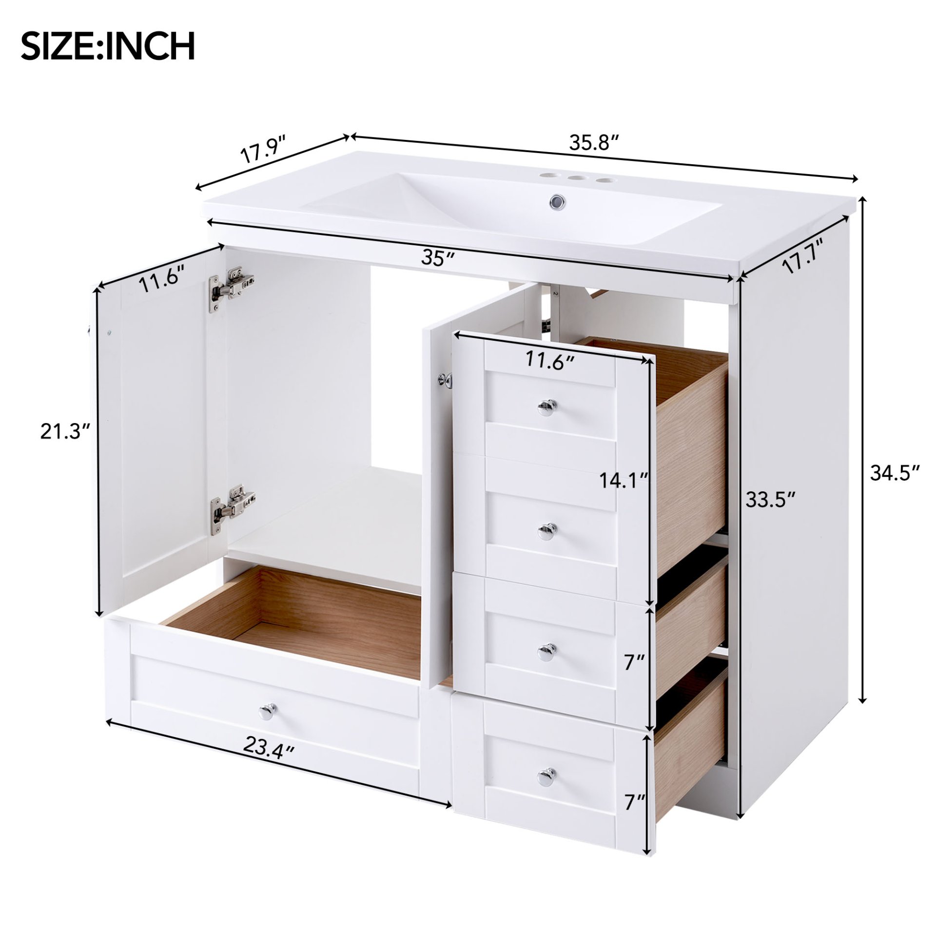 Shaker Style Free Standing Bathroom Vanity Cabinet With Sink, 4 Soft Close Drawers And 2 Soft Close Doors - White - Image 3