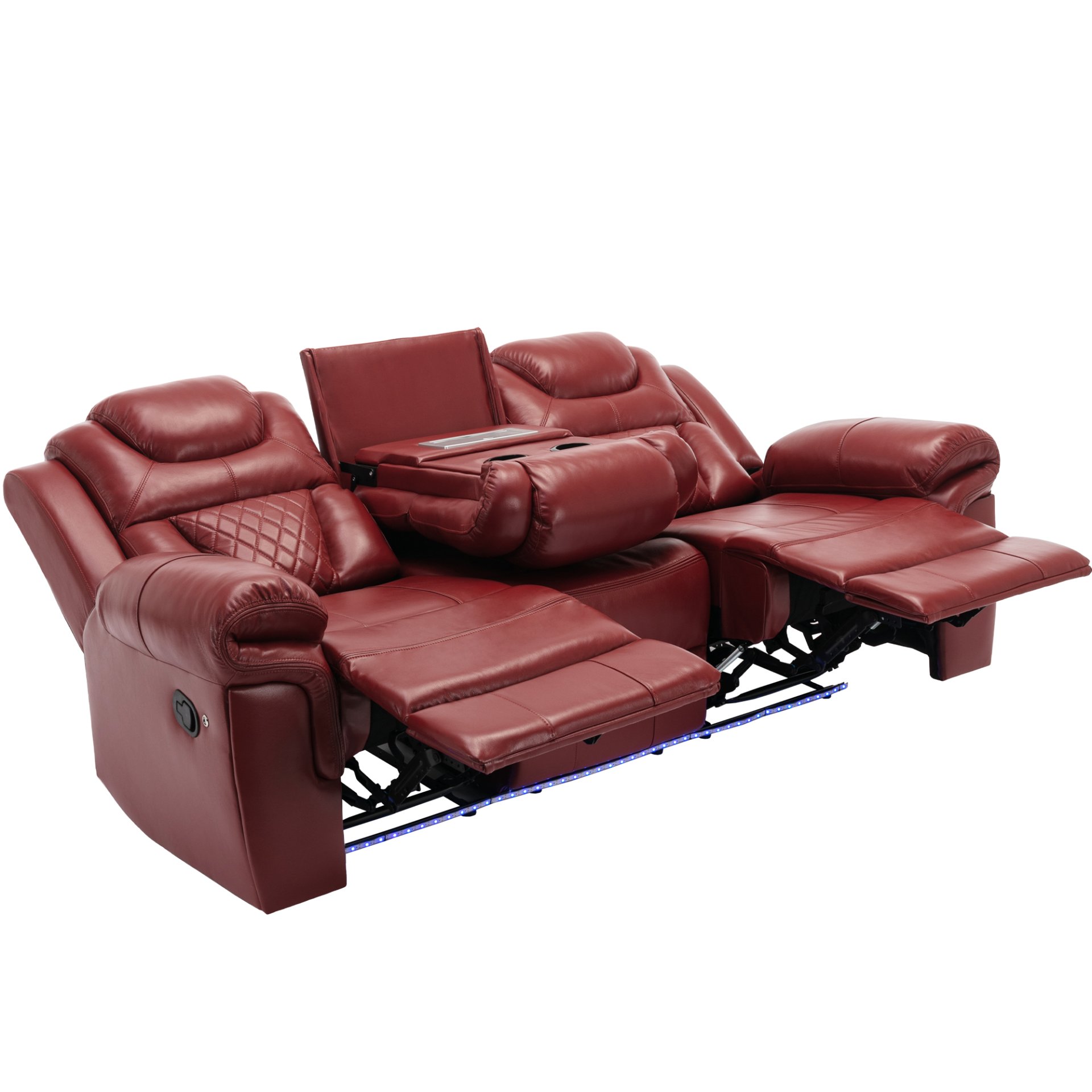 3 Pieces Recliner Sofa Sets Home Theater Seating Manual Recliner Chair With Center Console And Led Light Strip For Living Room - Wind Red - Image 15