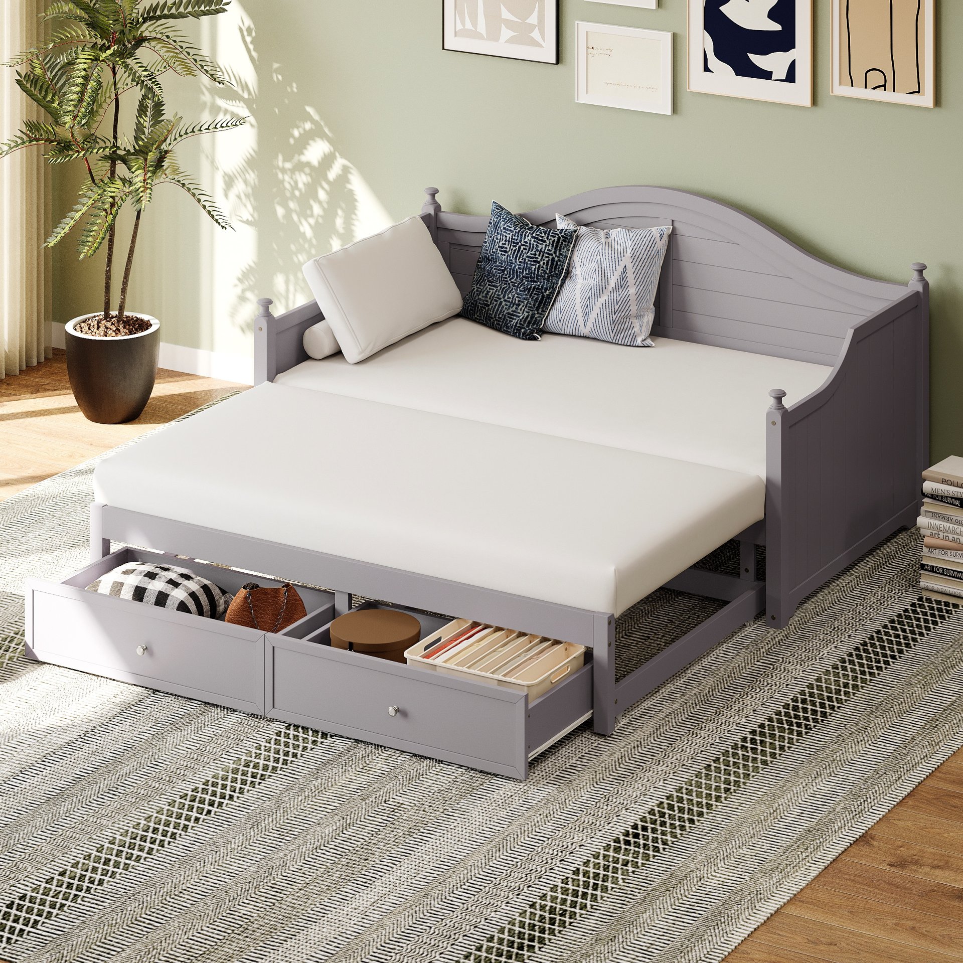 Twin Size Daybed With Extendable Trundle And Storage Drawers - Light Gray - Image 4