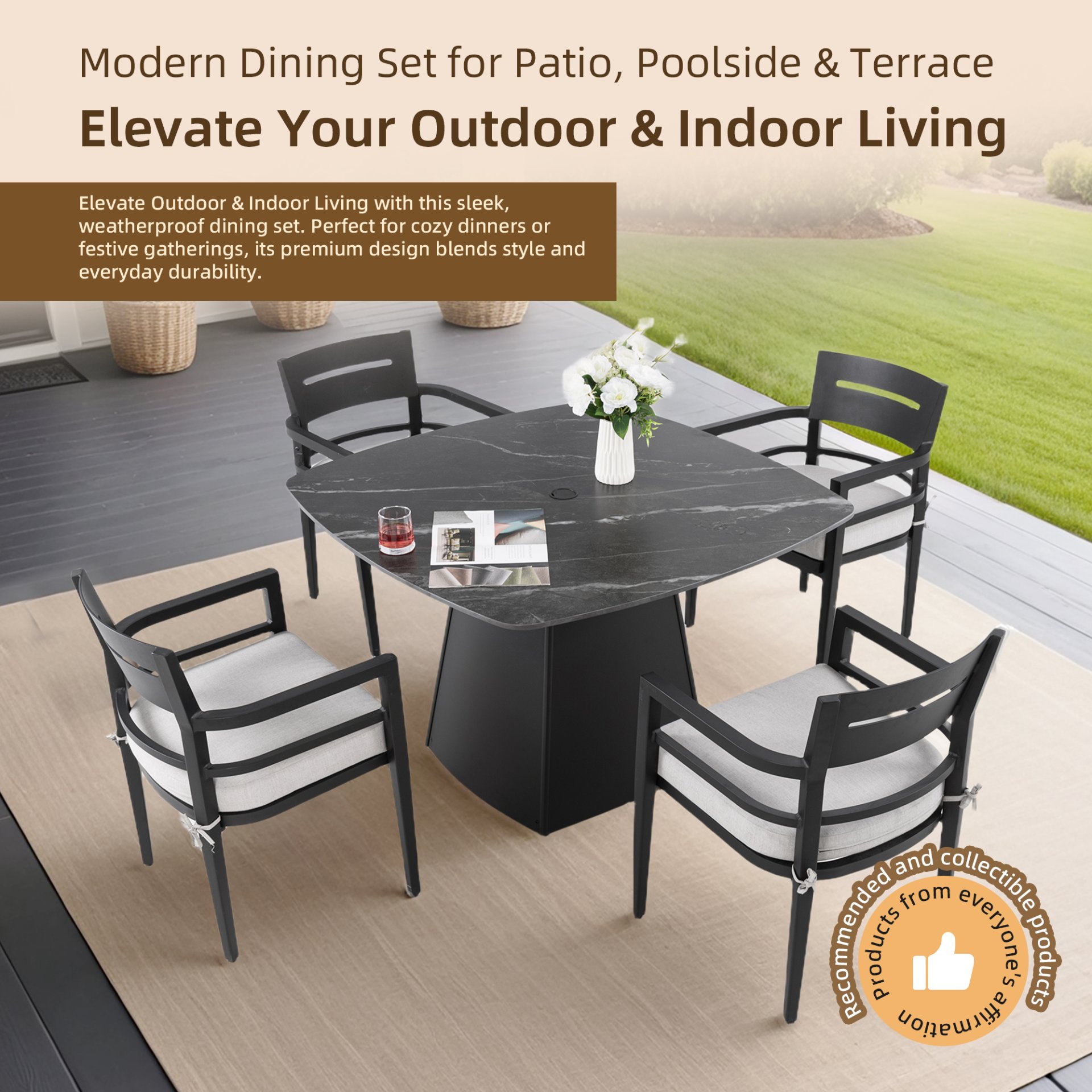 5 Piece Outdoor Pedestal Dining Set, Rounded Square Table With Flared Base And 4 Armchairs - Ember Black - Image 4
