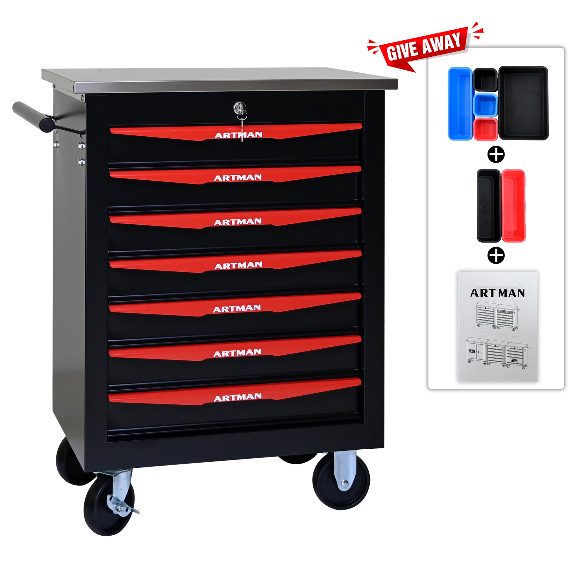 7 Drawer Multifunctional Tool Cart With Wheels, Metal Rolling Tool Cart Storage For Garage Workshop Warehouse Repair Shop With Stainless Steel Roof - Black / Red - Image 5
