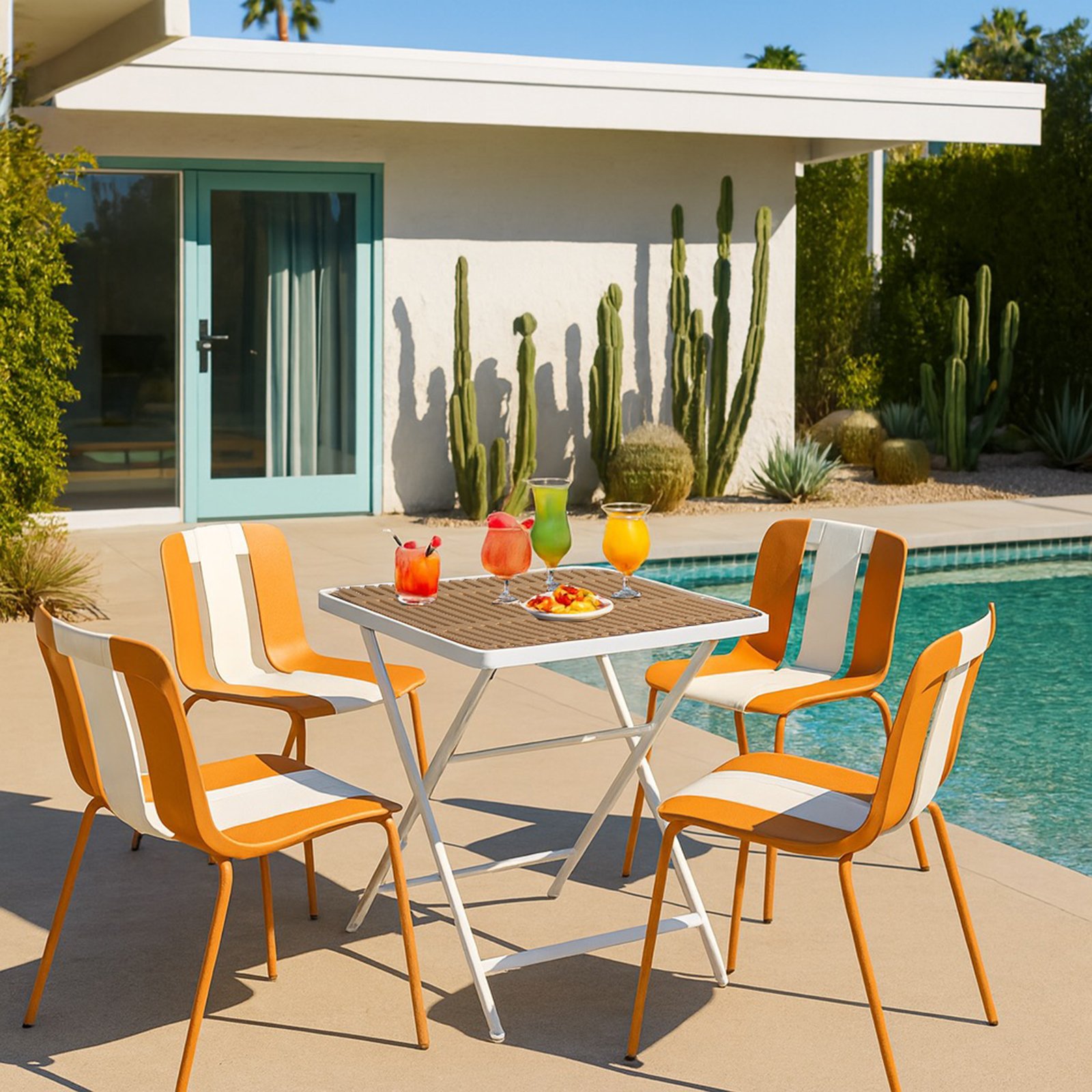 4 Piece Set Of Striped Color Blocking Single Chairs With Folding Square Table - Beige / Khaki / Tropical Orange / White - Image 14