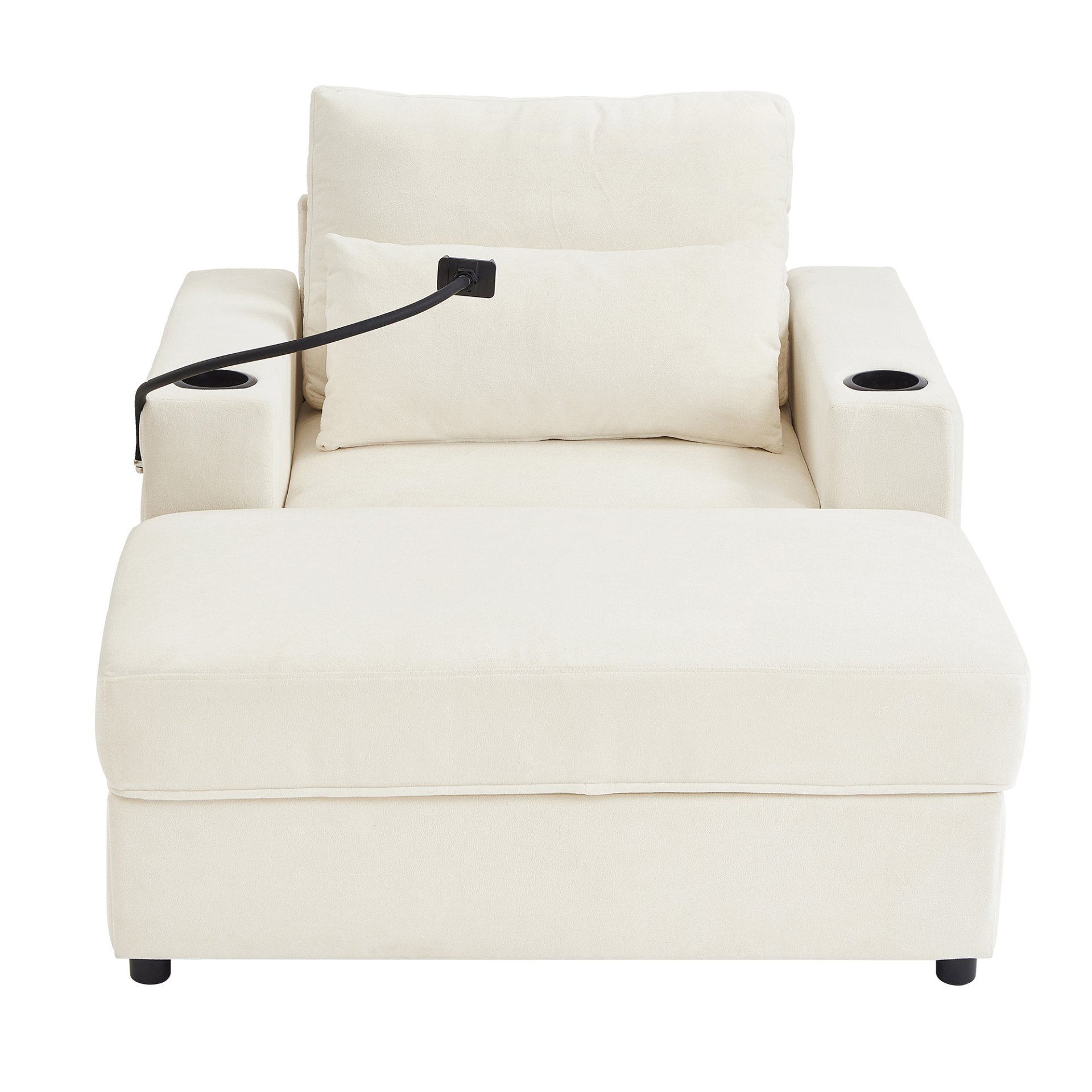 Modern Style Armchair Chaise Lounge Sofa Couch With Movable Storage Ottoman, USB Ports, Cup Holders, Phone Holder Chenille - Beige - Image 14