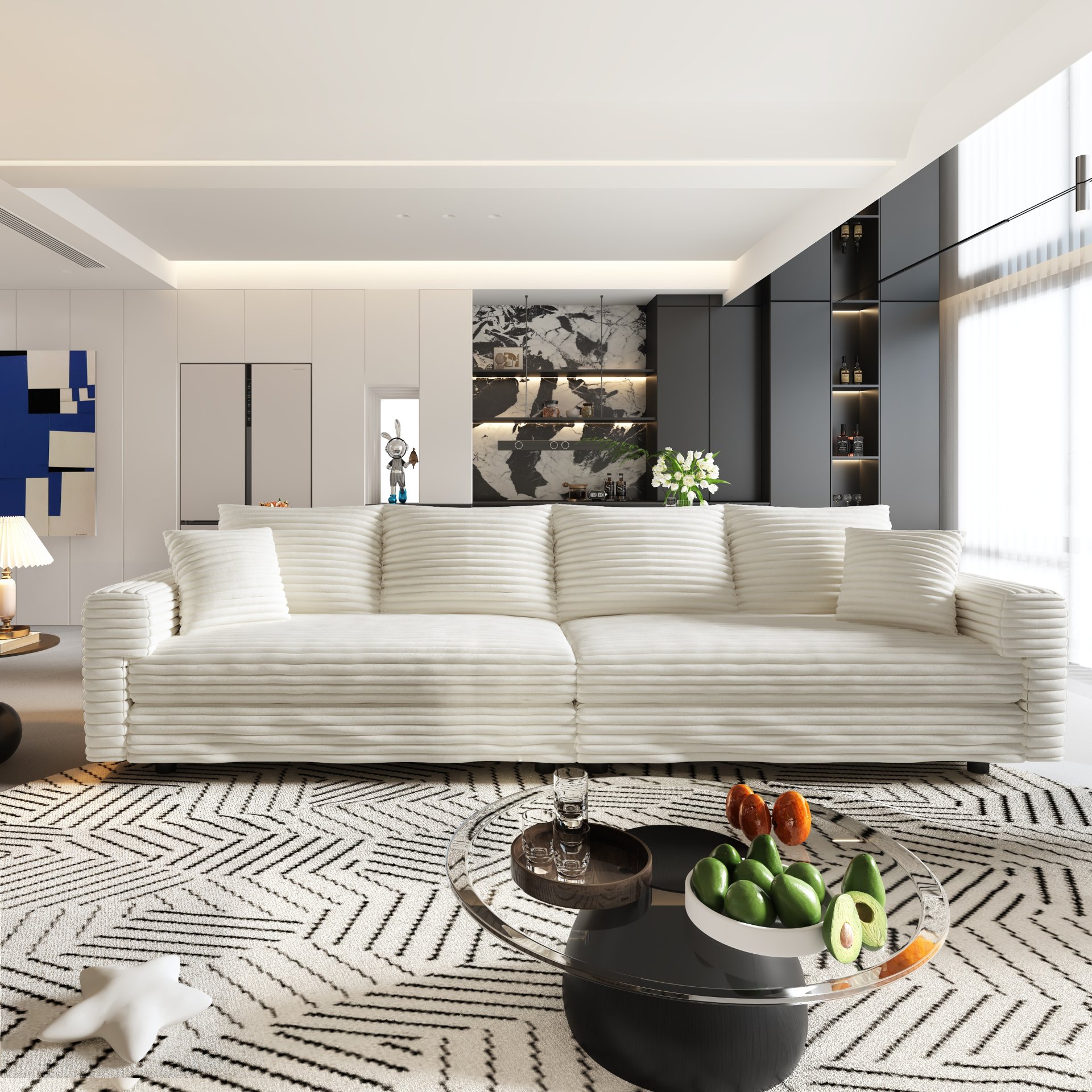 Plush Corduroy 4 Seat Sofa, Modern Comfy Upholstered Sofa Cloud Couch, Deep Seat Couches With Soft Pillows, Convertible Deep Seat Sofa Lounge Chair For Living Room Bedroom, Apartment, Office - Black / Gray - Image 6