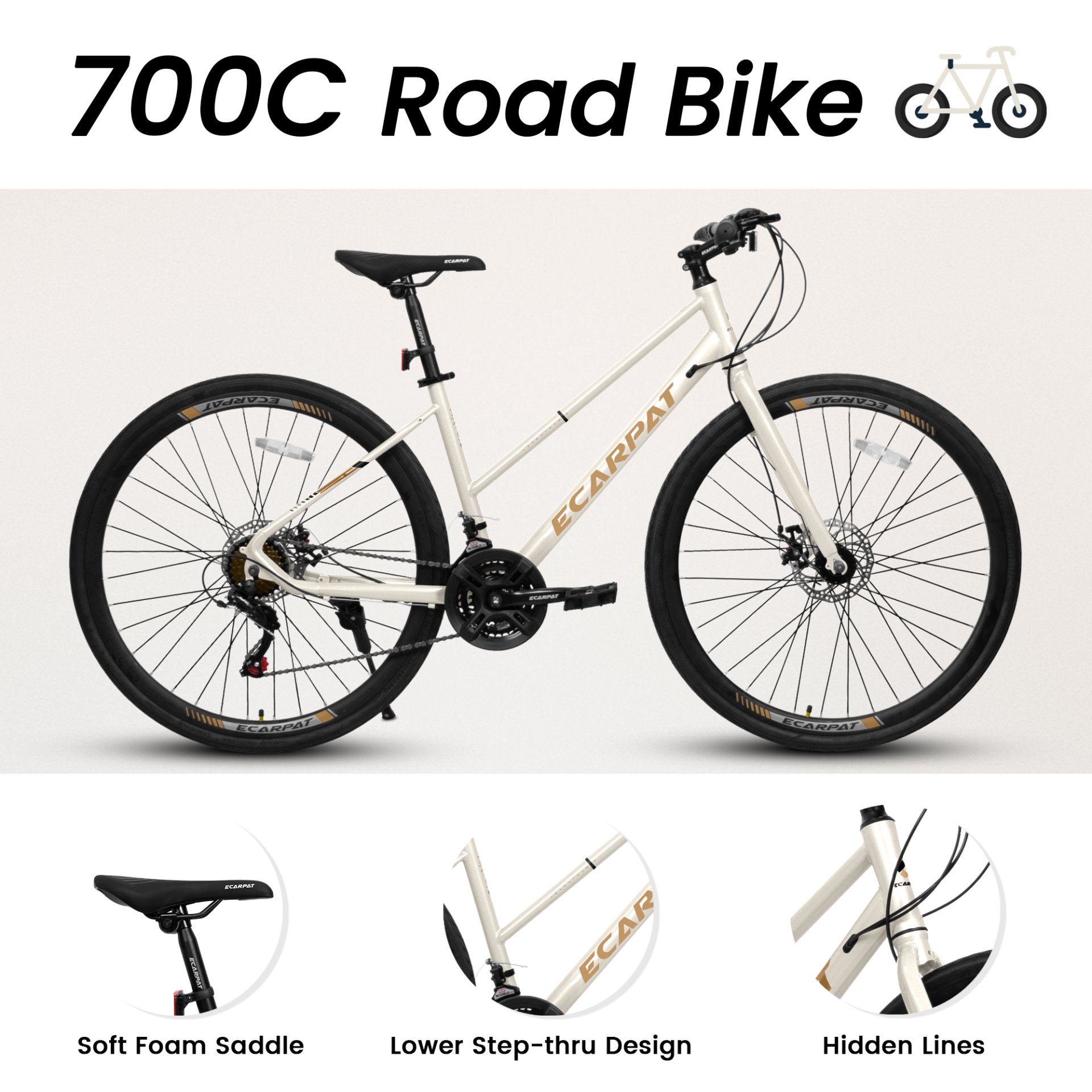 A28250 700Cx35 Road Bike With Aluminum Alloy Wheels, 21 Speed Gear System, Disc Brakes, Wide Tires, Ideal For Urban Commuting And Student Transportation - Cream - Image 5