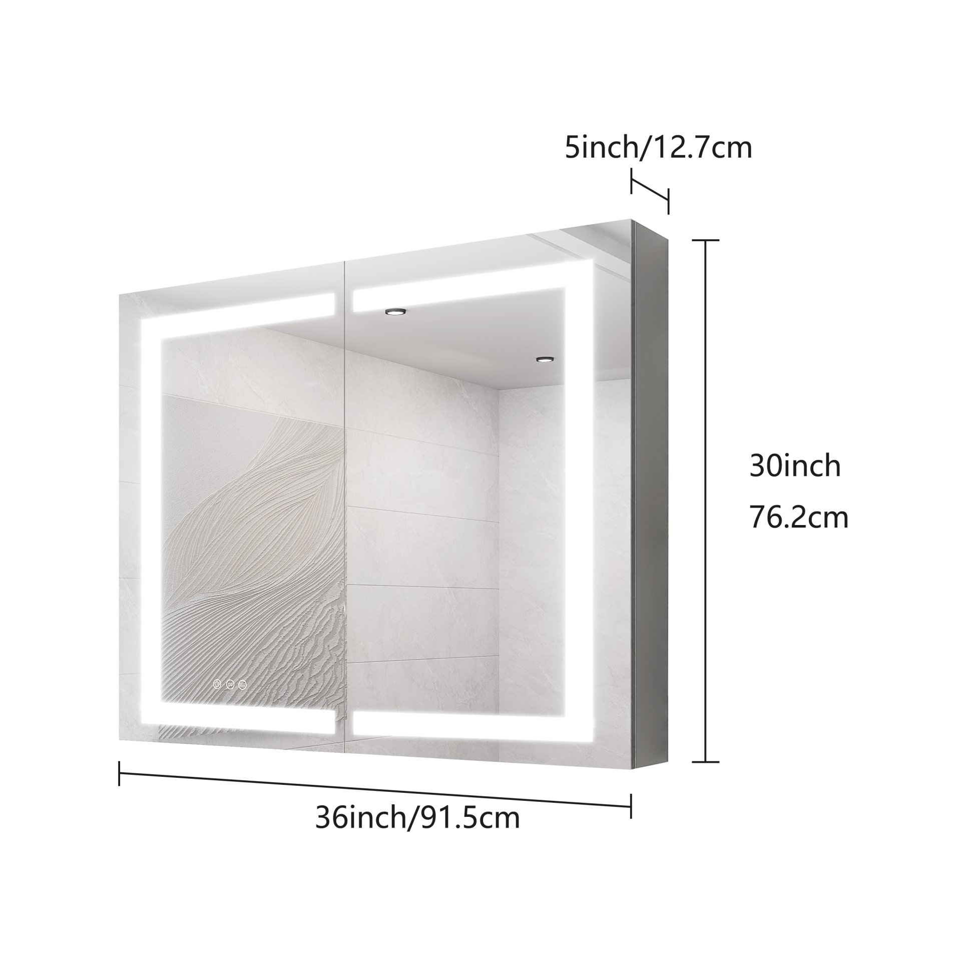 36" X 30" Medicine Cabinet With LED Vanity Mirror, Anti-Fog, Recessed Or Surface Mount, Waterproof, Dimmable, Aluminum 3000K~6000K Lighted Double Door Bathroom Cabinet With Touch Switch - Silver - Image 3