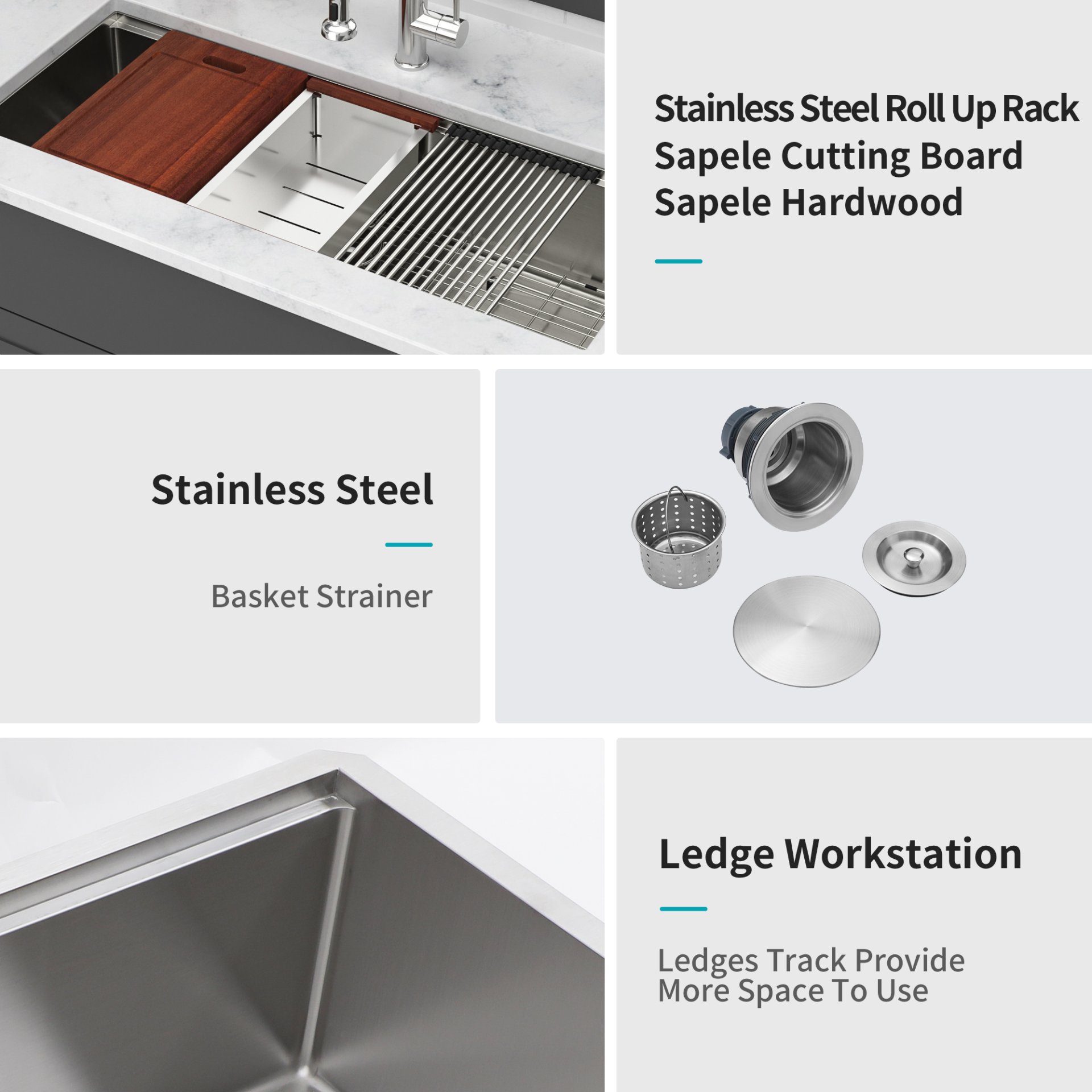 Single Bowl Undermount Workstation Kitchen Sink 16 Gauge Stainless Steel - Black - Image 6