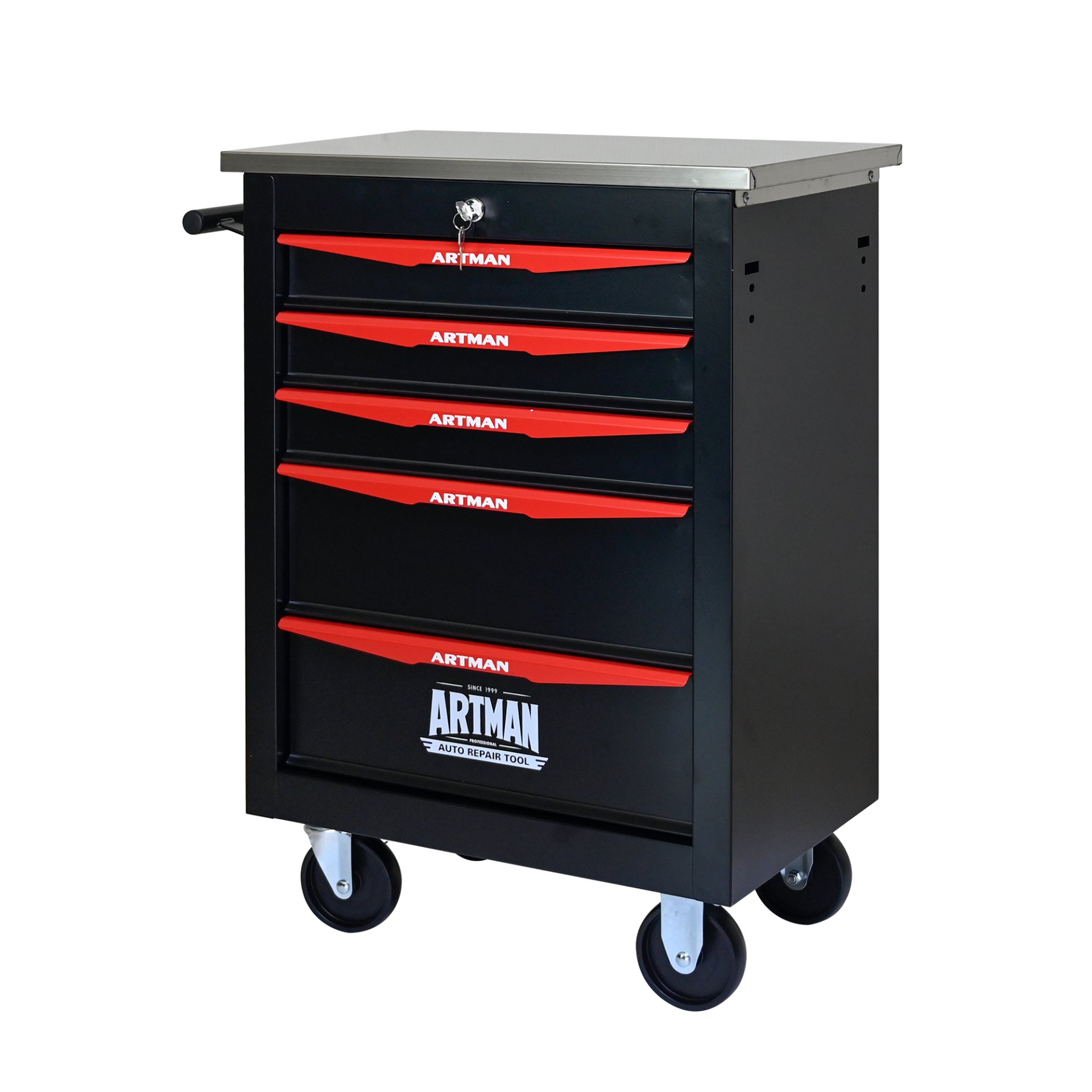5 Drawer Multifunctional Tool Cart With Wheels, Metal Rolling Tool Cart Storage For Garage Workshop Warehouse Repair Shop With Stainless Steel Roof - Black / Red - Image 12