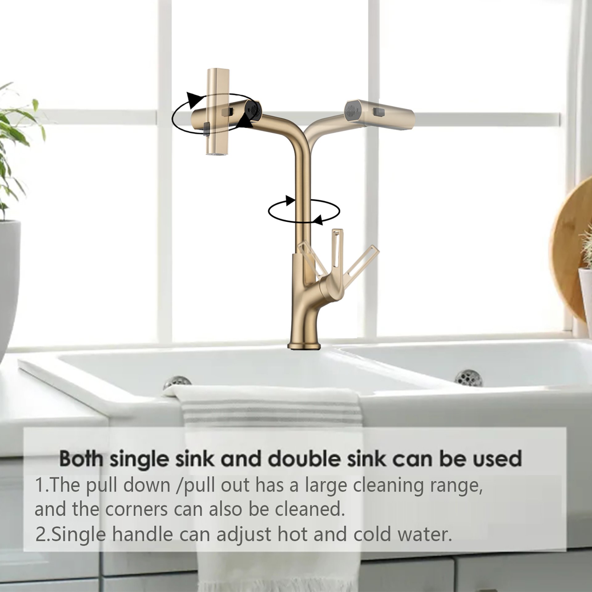 Kitchen Waterfall Faucet With Pull Down Sprayer, Single Handle, 360 Degree Rotating Zinc Alloy - Brushed Gold - Image 4