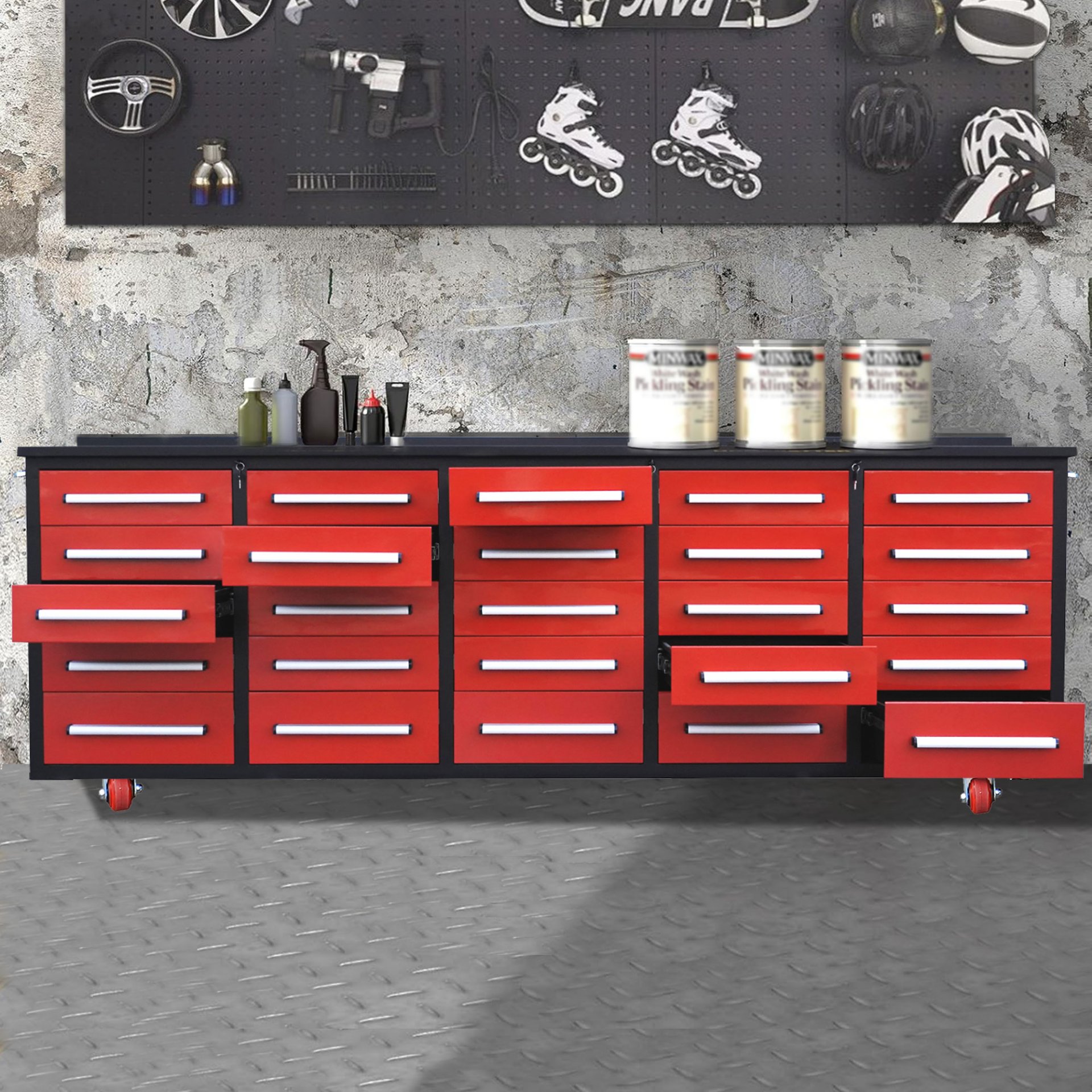 Workbench With Storage Drawers (25 Drawers) - Red - Image 2