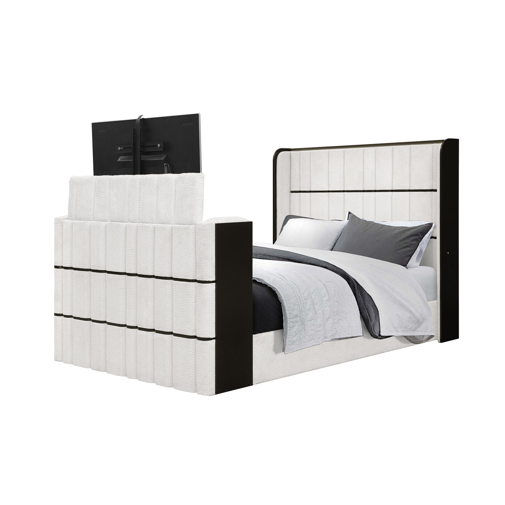 Isaiah - Queen Bed With 50" TV Lift LED, Speakers And Fireplace - White / Black - Image 10