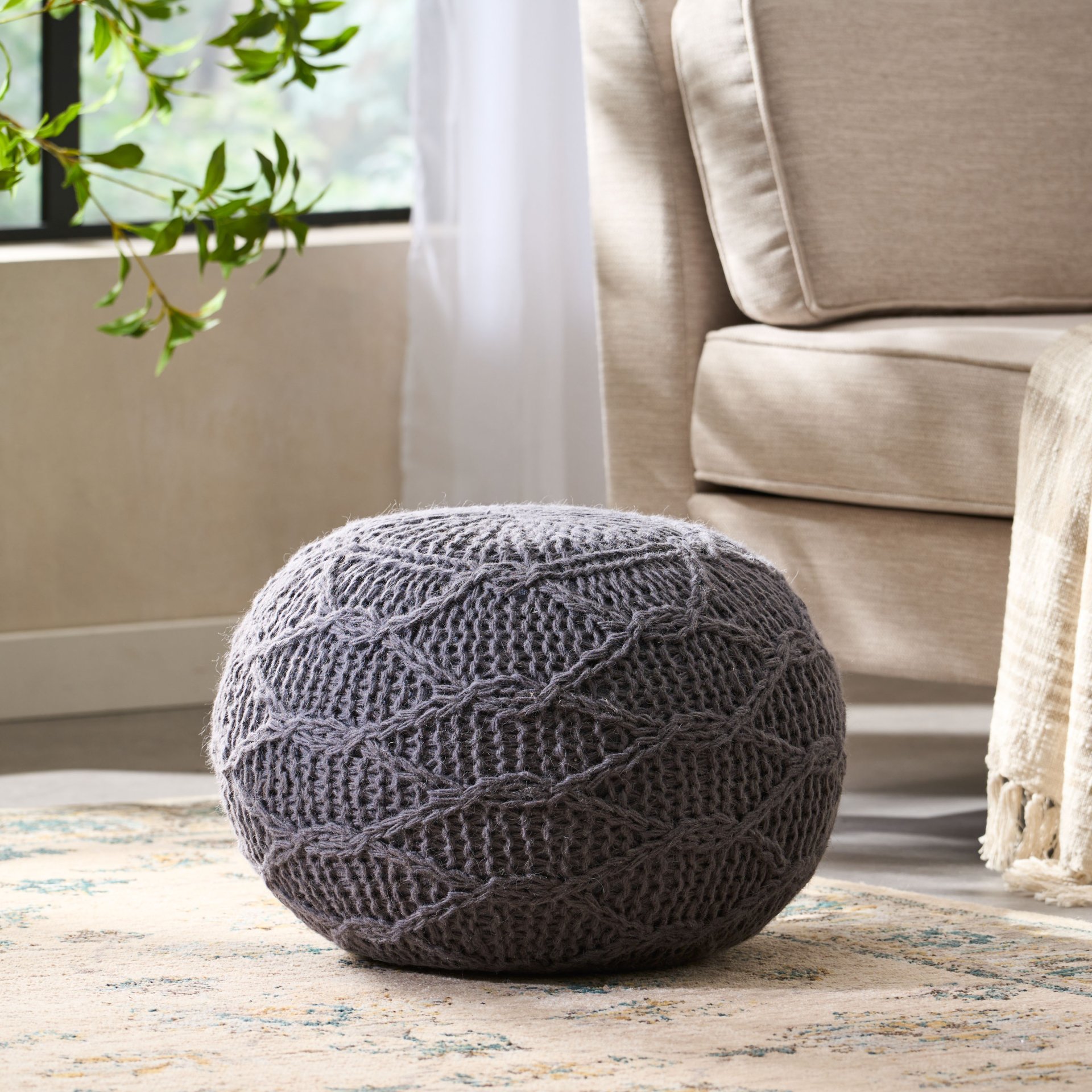 Malibu - Modern Knitted Wool Round Pouf With Handcrafted Design - Charcoal - Image 2