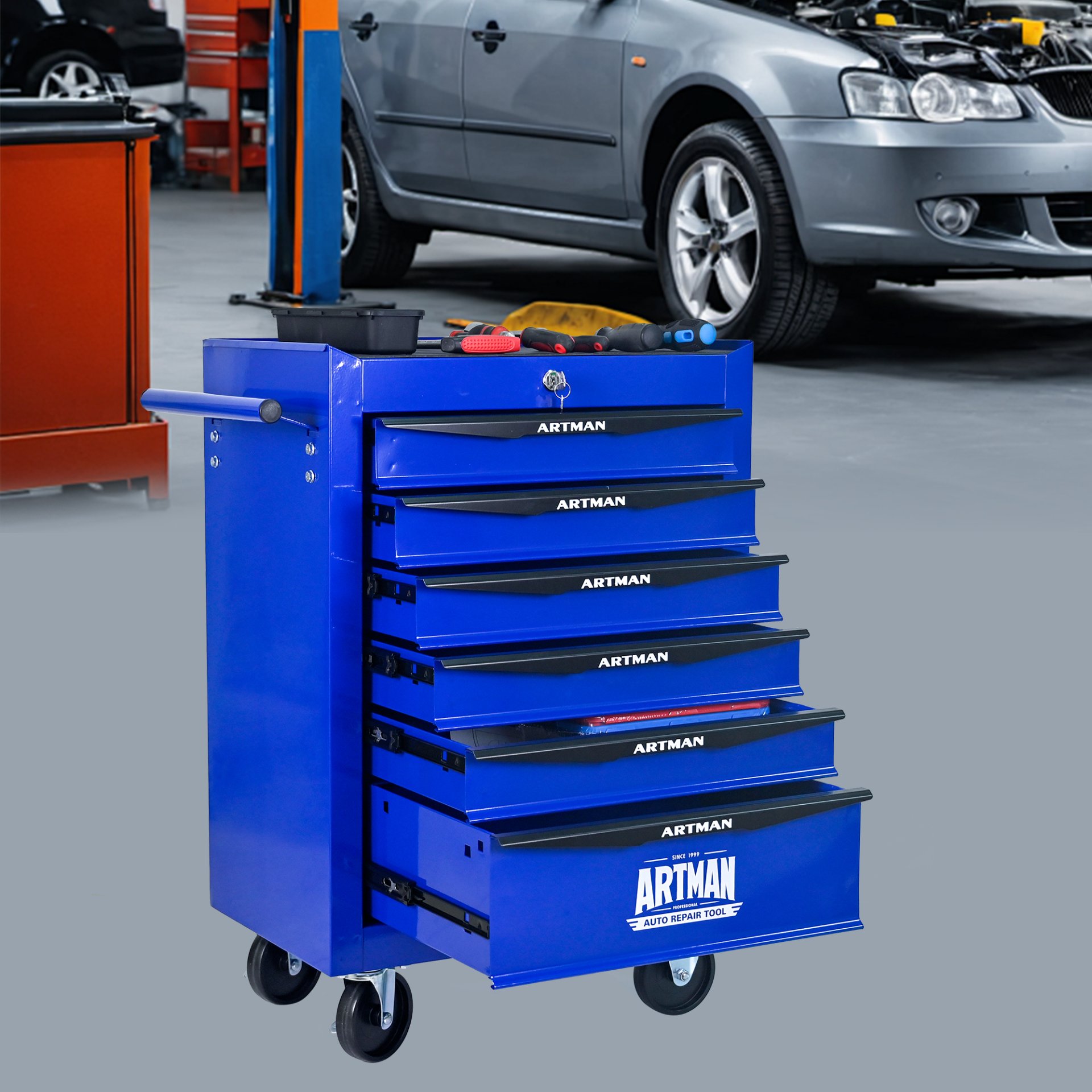Rolling Metal Tool Chest With 6 Drawers, 20" Steel Storage Cabinet With Ball Bearing Slides - Black / Blue - Image 13