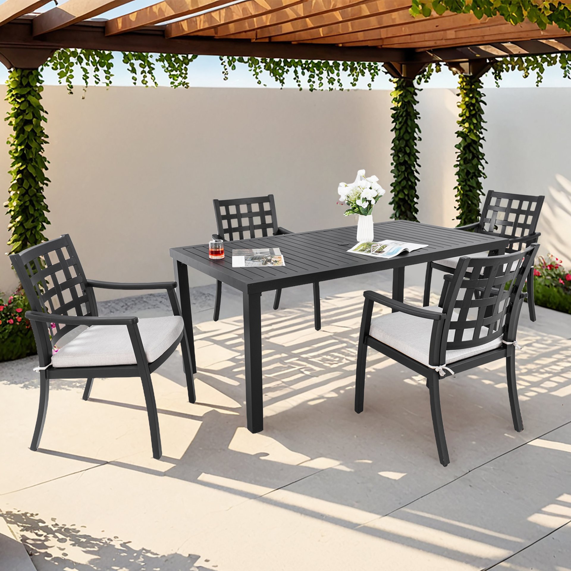 5 Pieces Outdoor Patio Dining Set, Rectangular Table And 4 Stationary Dining Chairs - Ember Black - Image 2