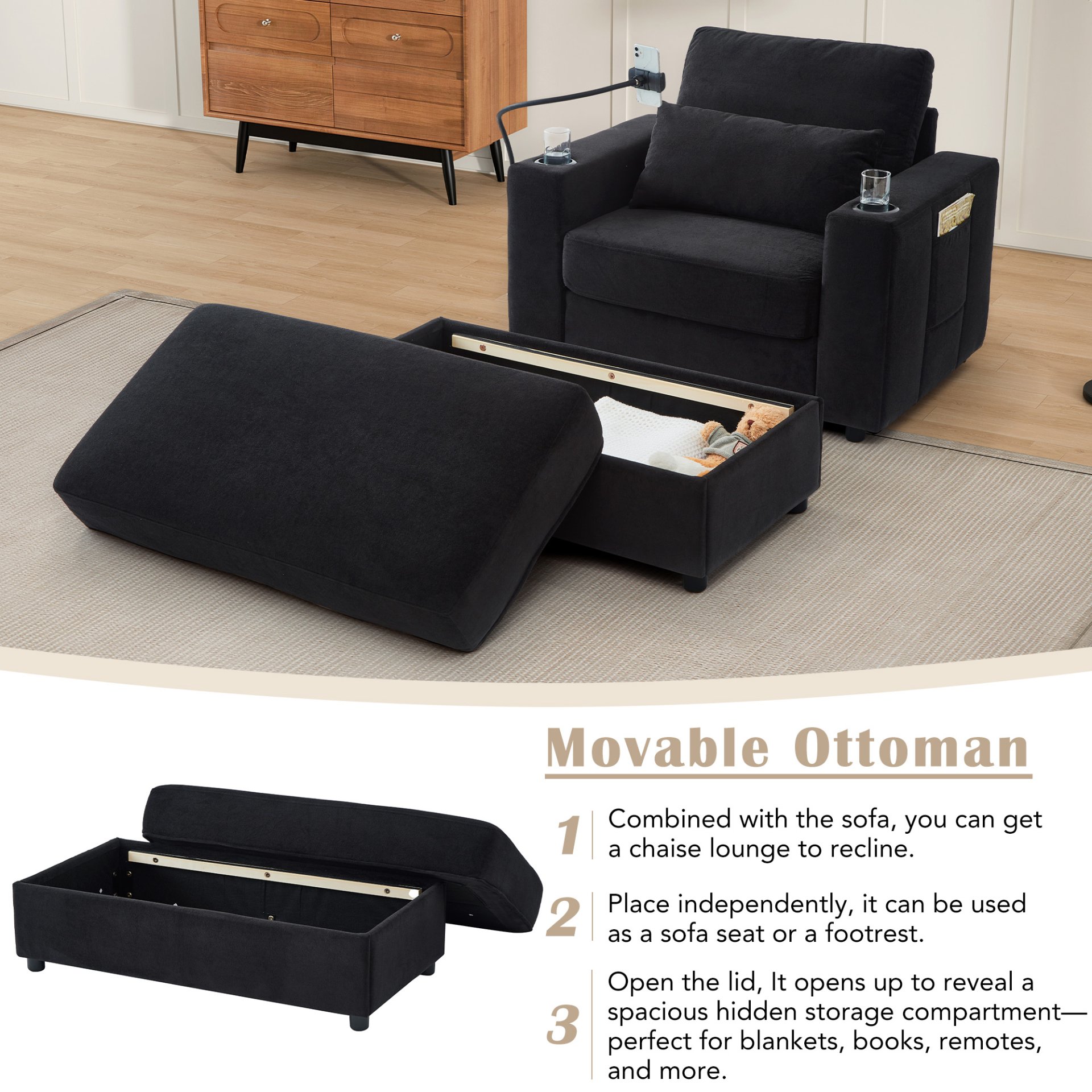 Modern Style Armchair Chaise Lounge Sofa Couch With Movable Storage Ottoman, USB Ports, Cup Holders & Side Pockets Chenille - Black - Image 5