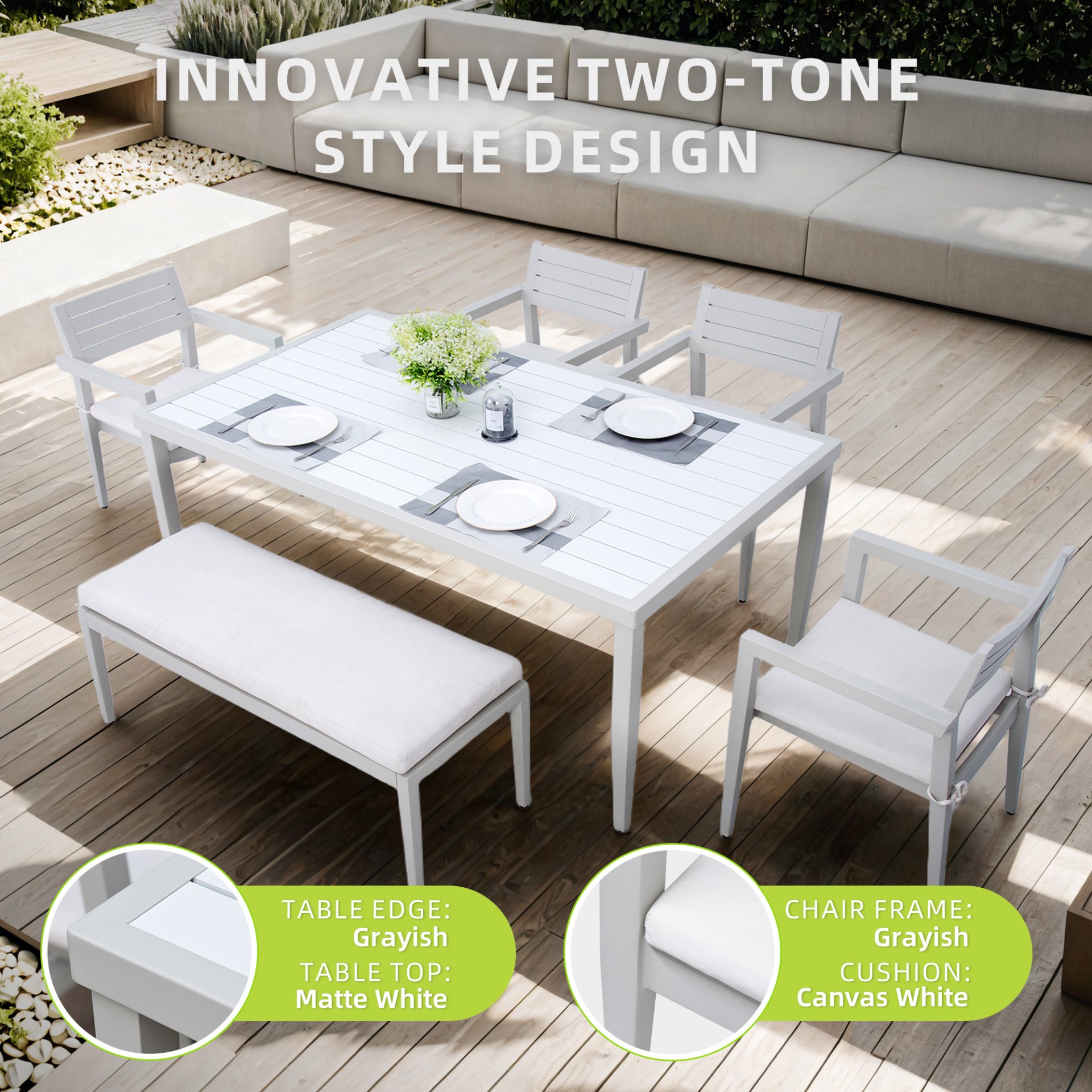 6 Piece Dining Set Modern Outdoor Patio Furniture, 4 Dining Chairs & 1 Dining Bench Sunbrella Fabric And 2 Tone Rectangle Table With Umbrella Hole - Matte White / Grayish - Image 3